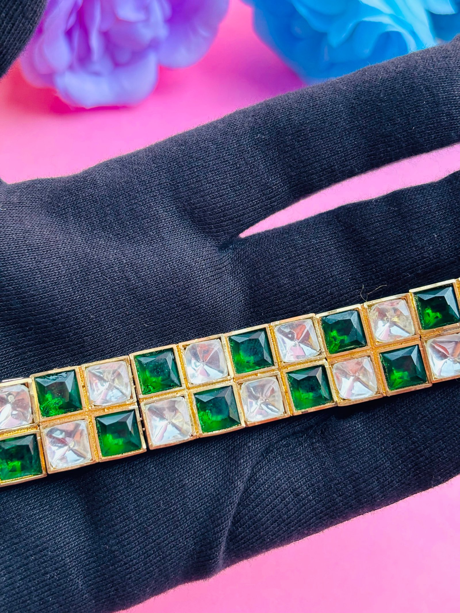 Polki Choker Necklace Set With Green Checkered Stones - Image 5