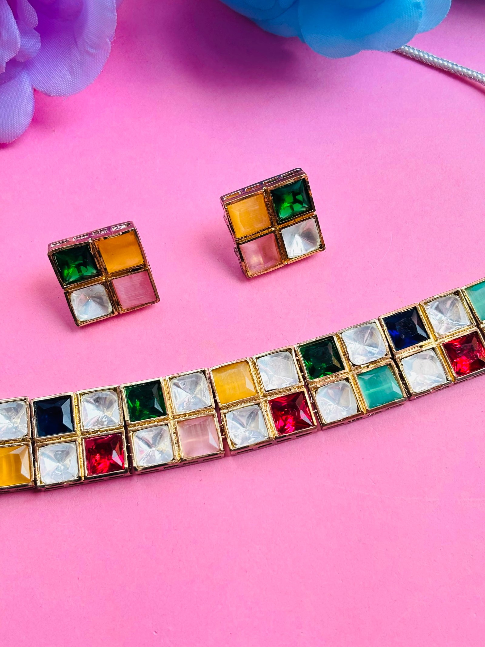 Polki Choker Necklace Set With Multi Colour Checkered Stones - Image 3