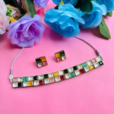 Polki Choker Necklace Set With Multi Colour Checkered Stones