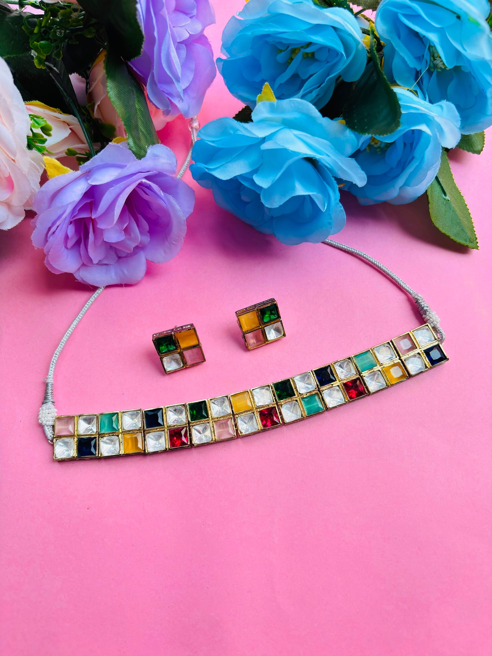 Polki Choker Necklace Set With Multi Colour Checkered Stones