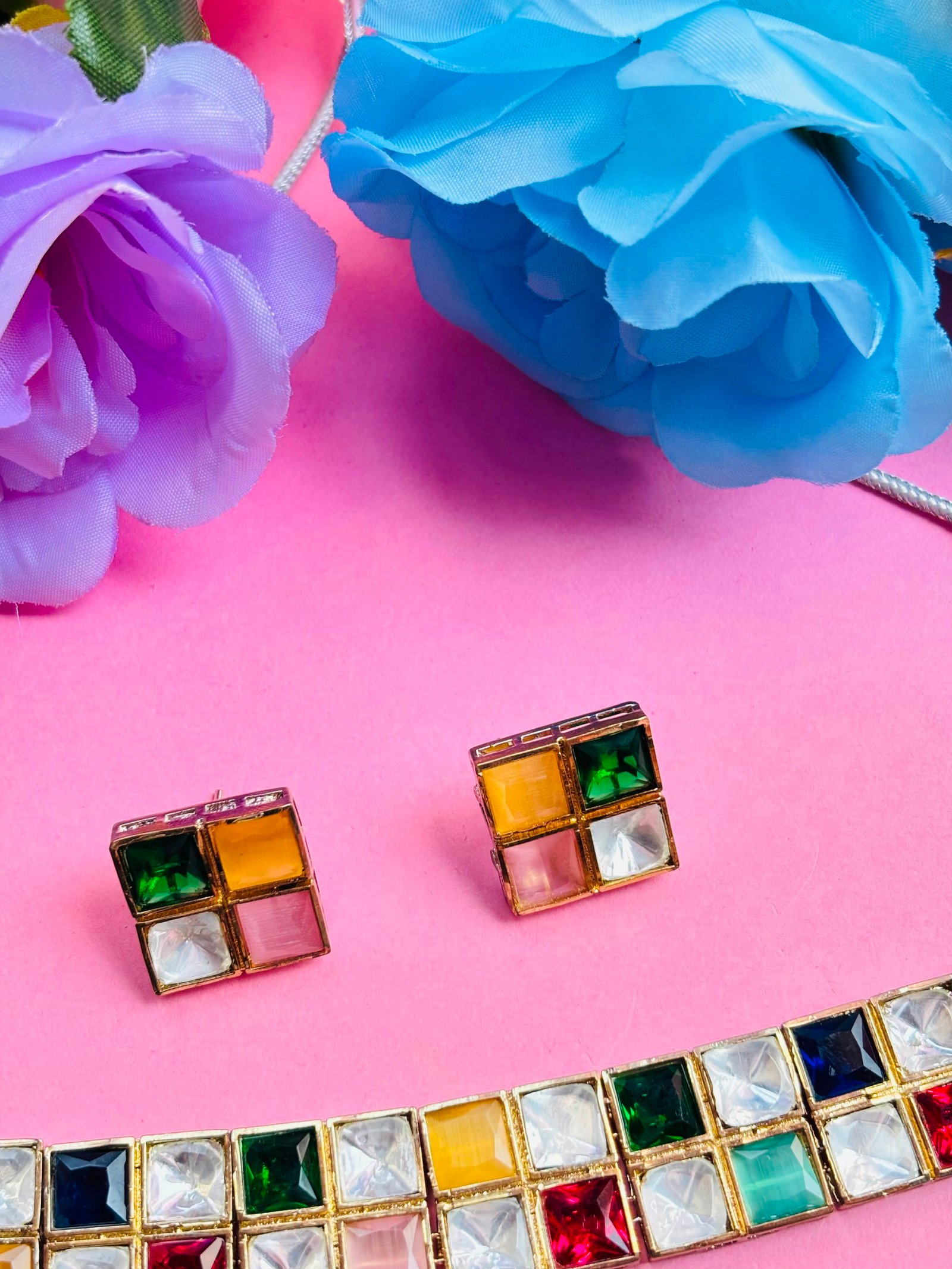 Polki Choker Necklace Set With Multi Colour Checkered Stones - Image 6