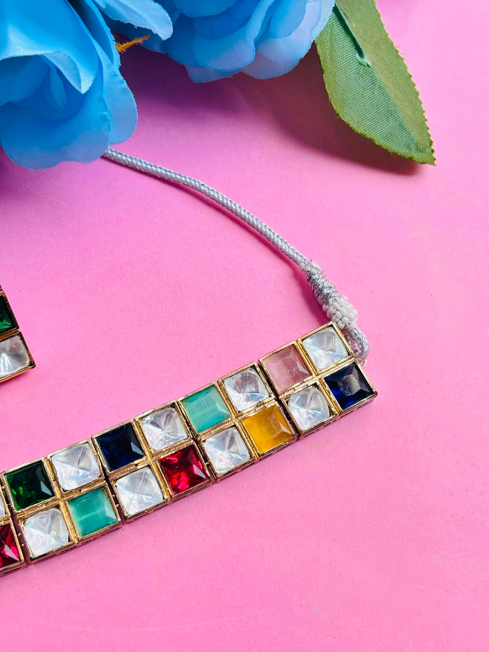 Polki Choker Necklace Set With Multi Colour Checkered Stones - Image 5