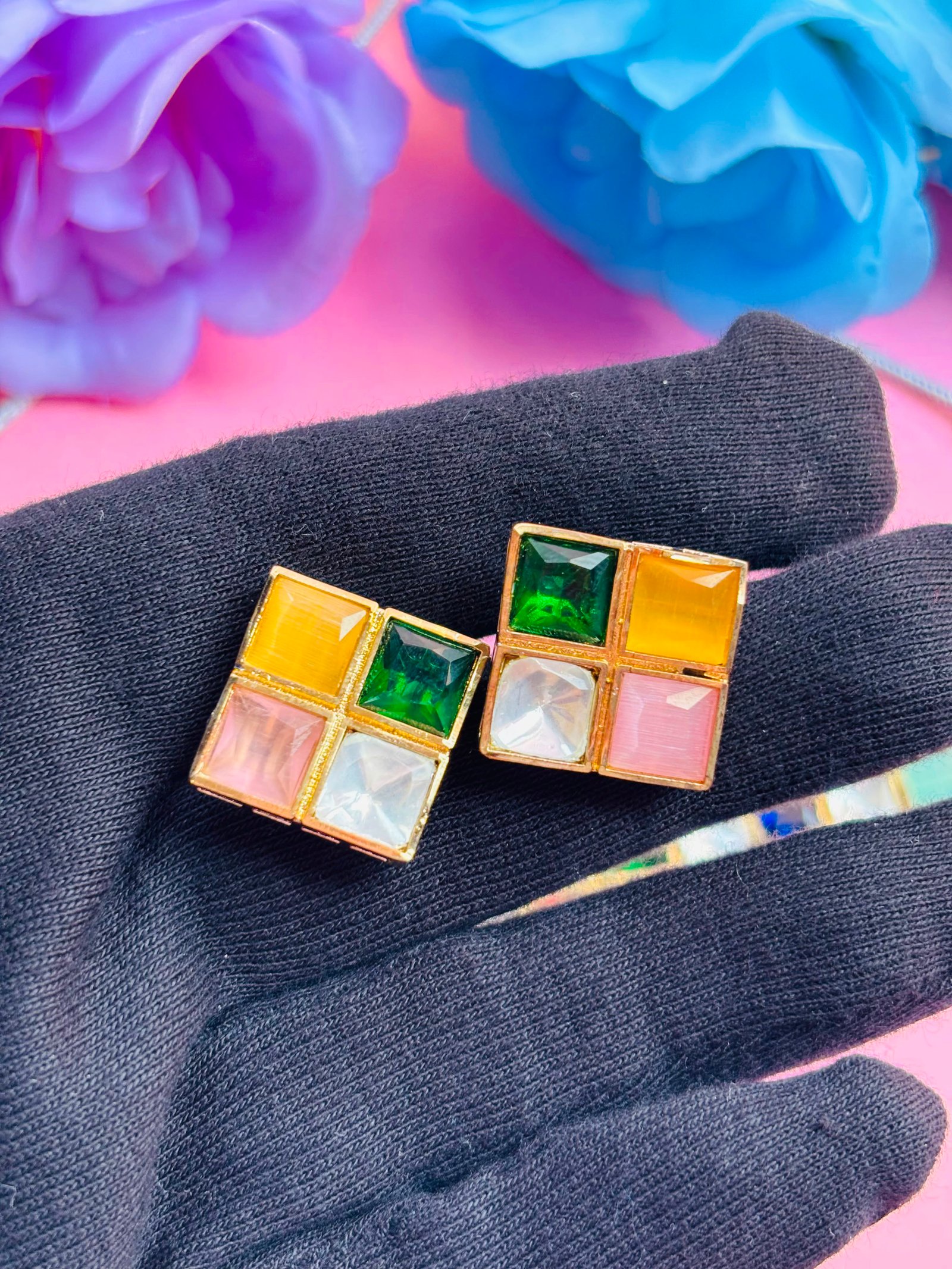 Polki Choker Necklace Set With Multi Colour Checkered Stones - Image 8