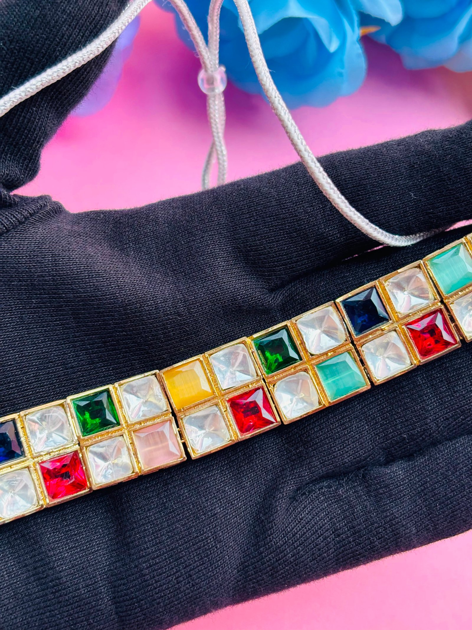 Polki Choker Necklace Set With Multi Colour Checkered Stones - Image 4