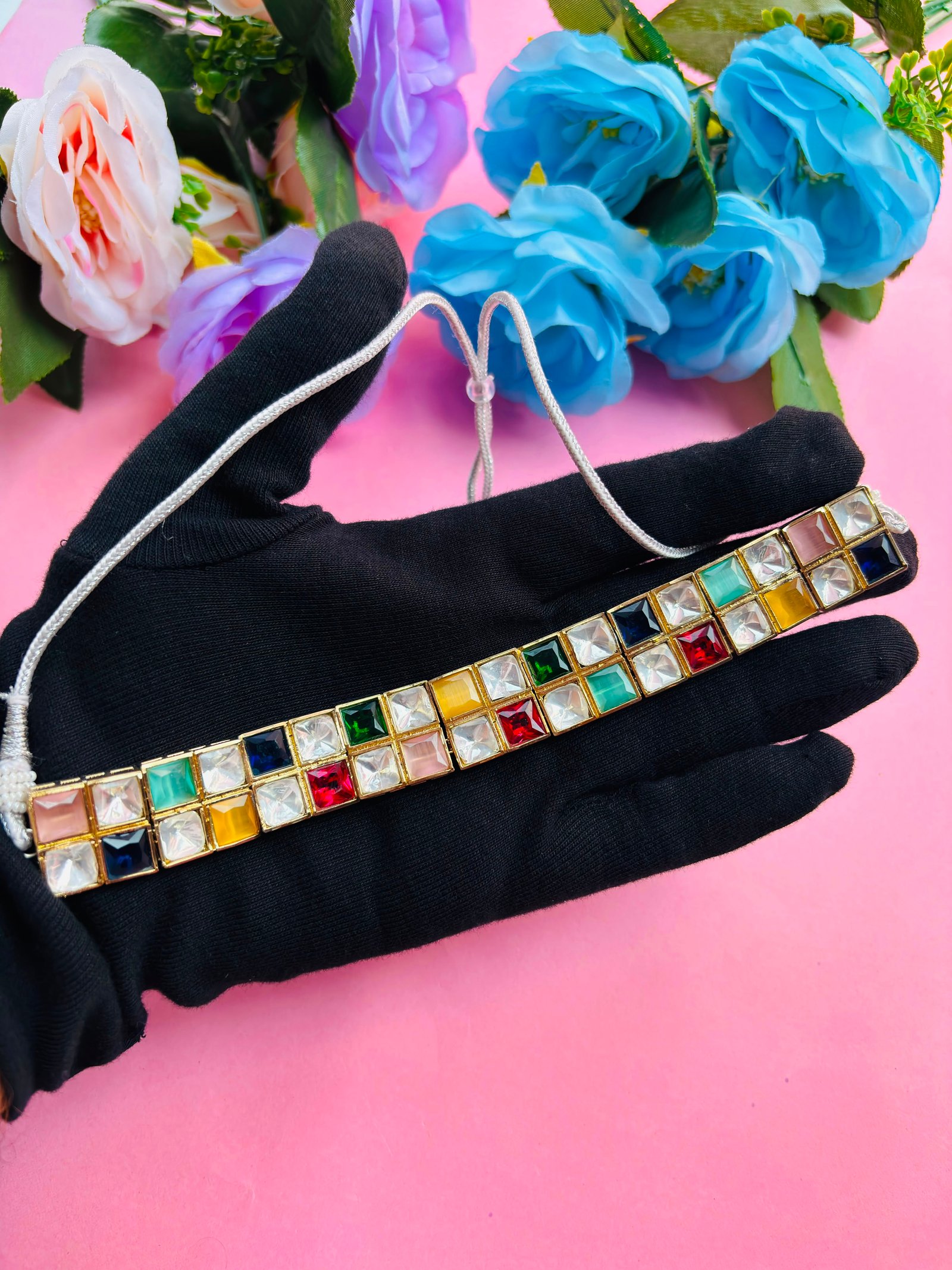Polki Choker Necklace Set With Multi Colour Checkered Stones - Image 2