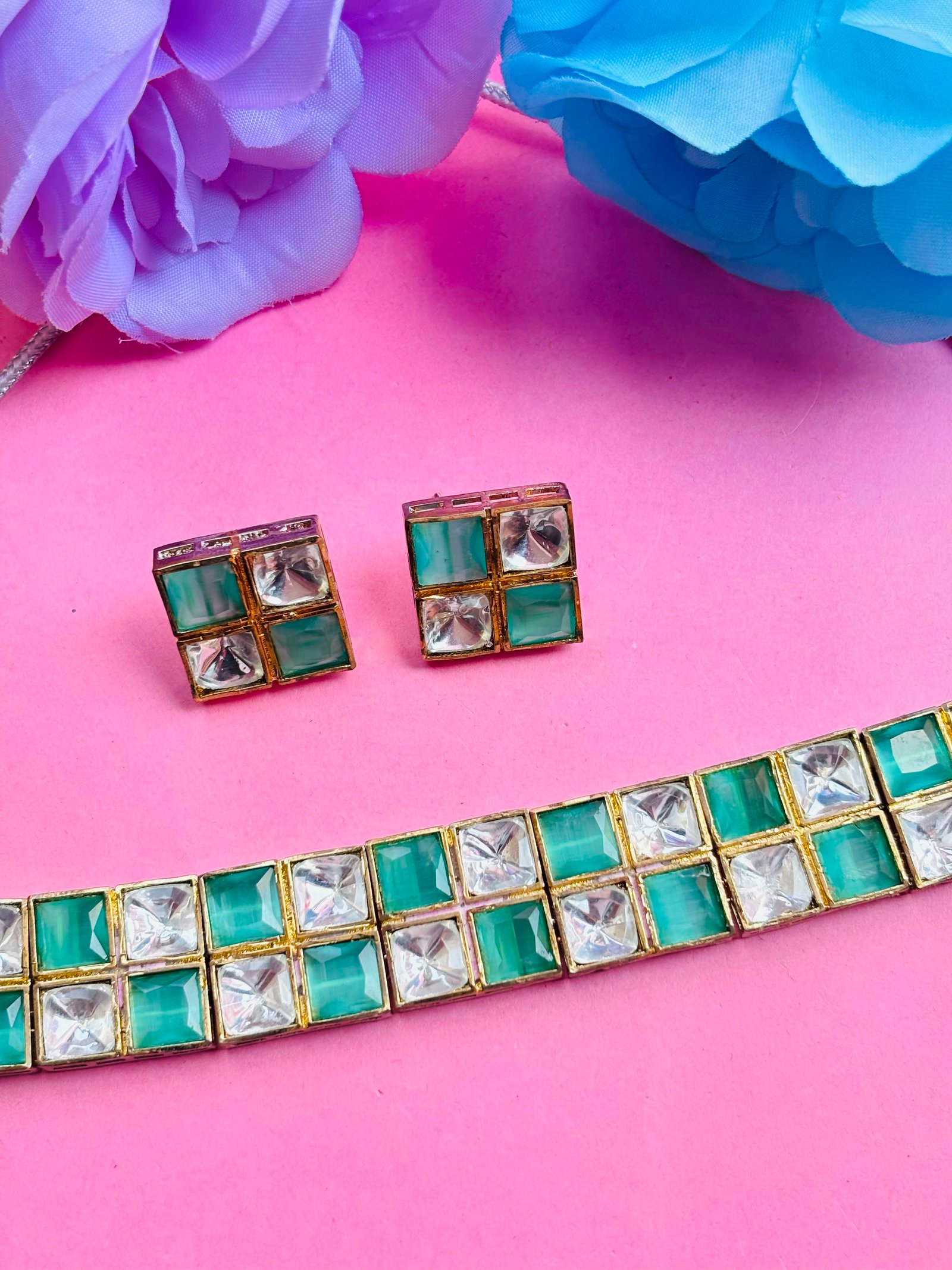 Polki Choker Necklace Set With Sea Green Checkered Stones - Image 2