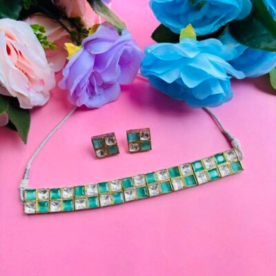 Polki Choker Necklace Set With Sea Green Checkered Stones