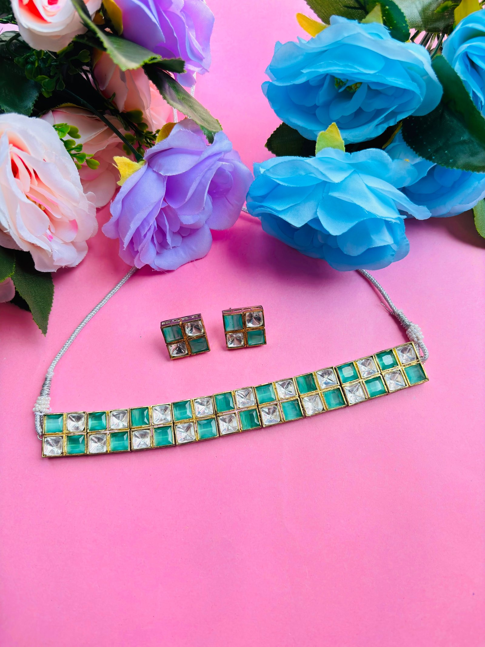 Polki Choker Necklace Set With Sea Green Checkered Stones