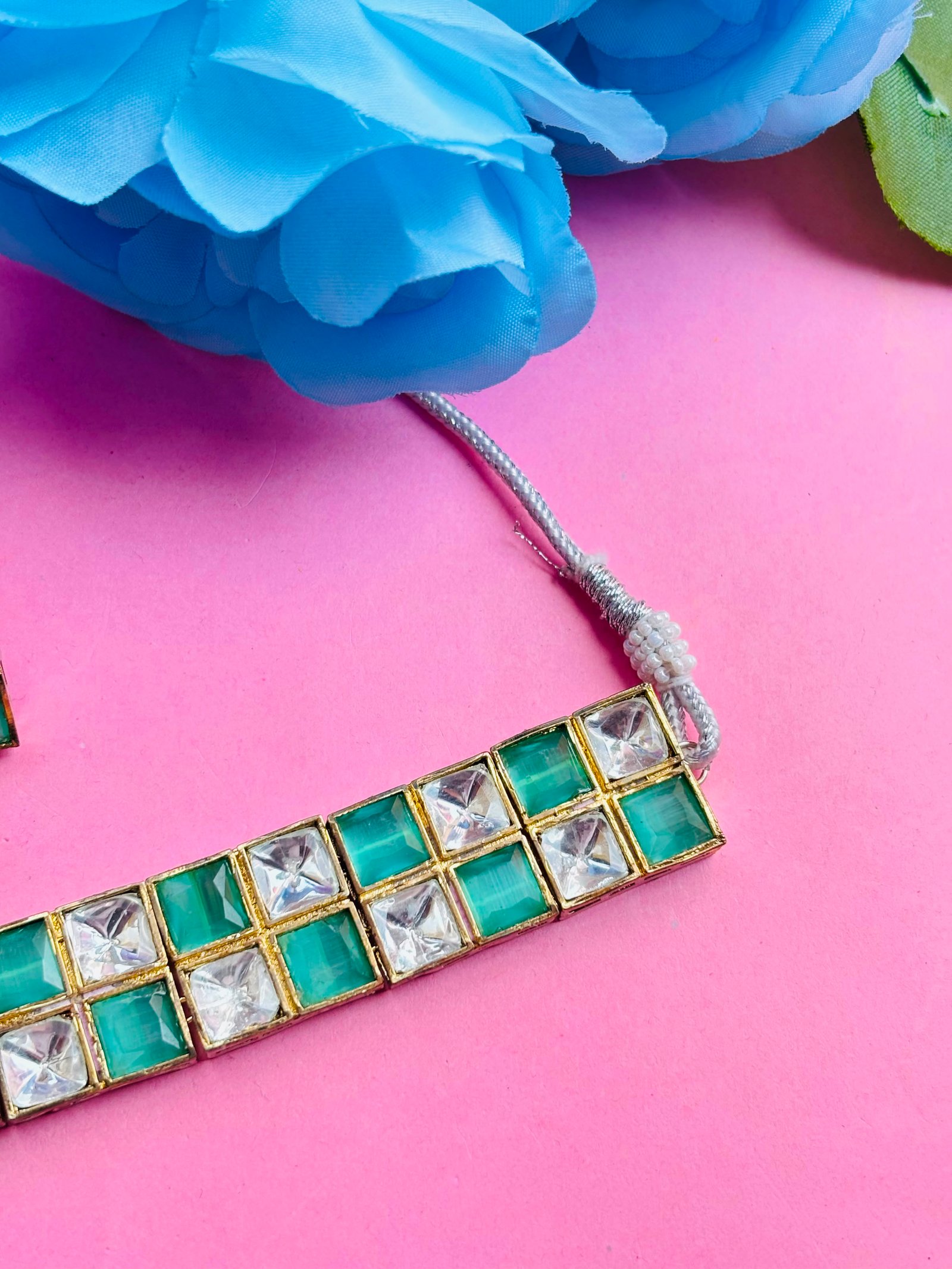 Polki Choker Necklace Set With Sea Green Checkered Stones - Image 5