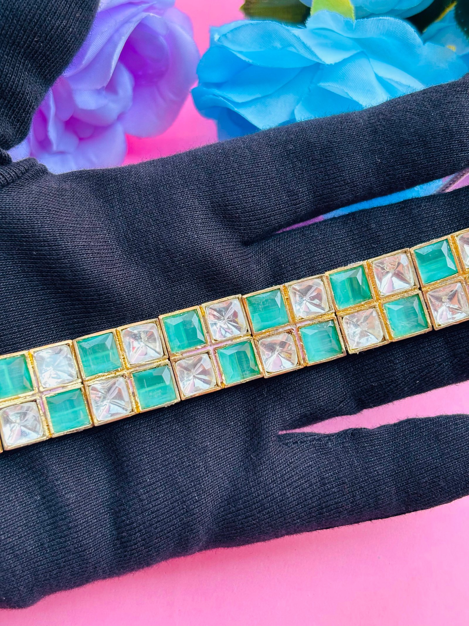 Polki Choker Necklace Set With Sea Green Checkered Stones - Image 4