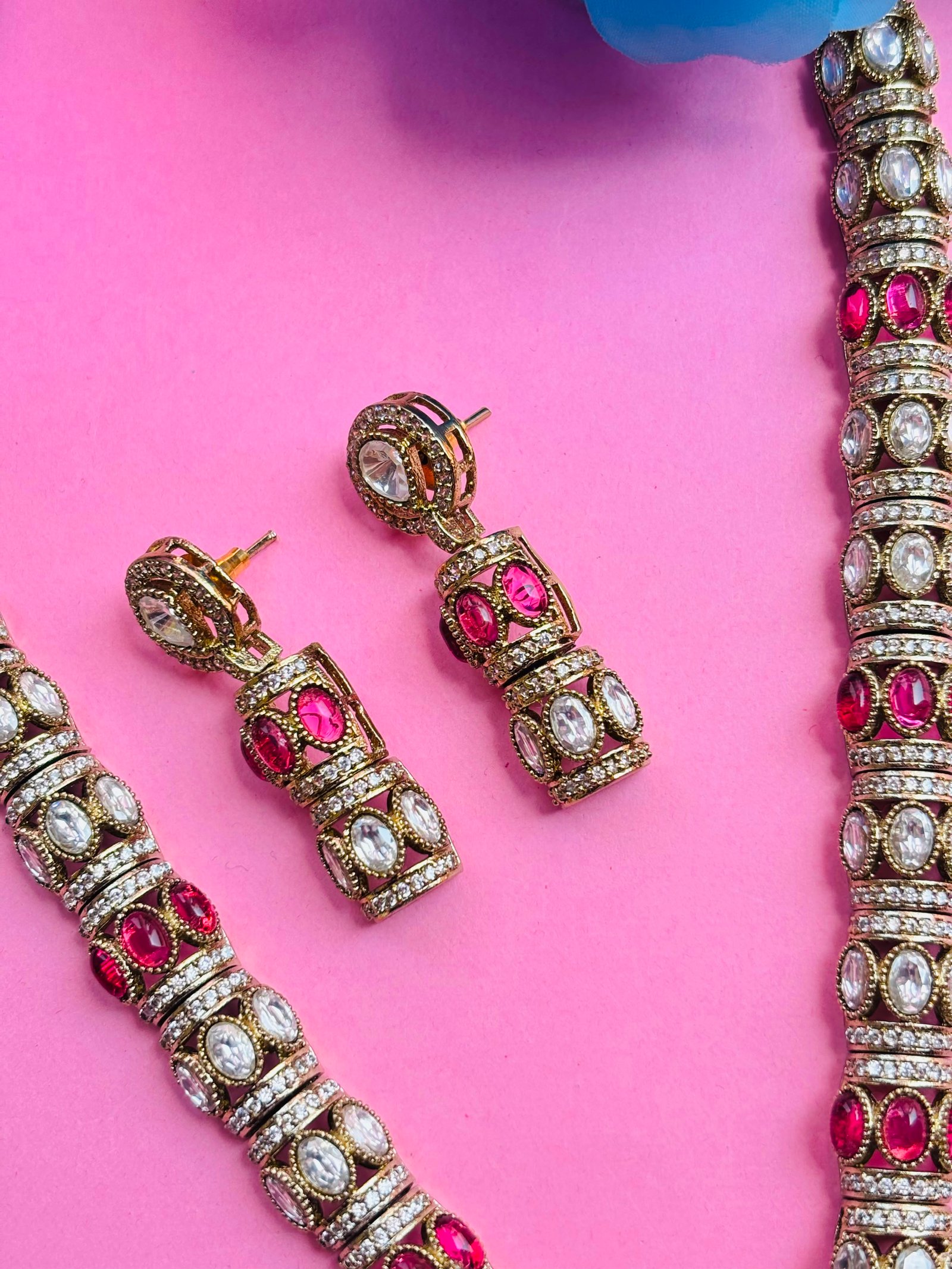 Antique Gold Long Necklace Set With Ruby Stones - Image 5