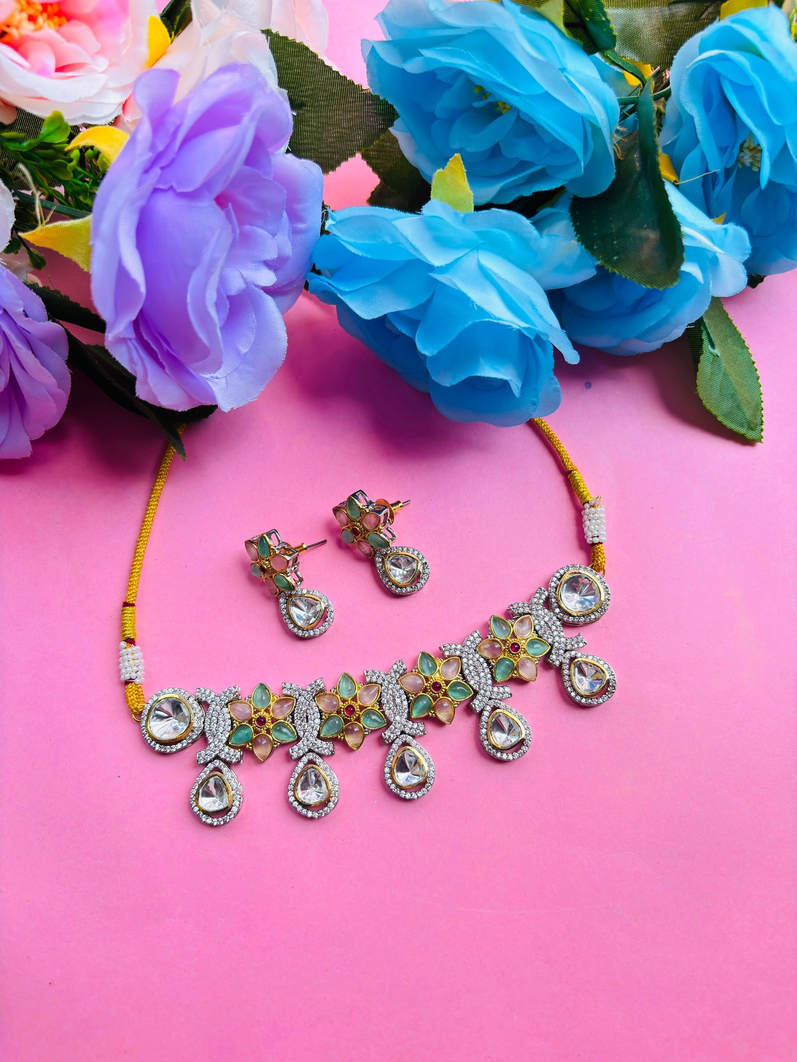 American Diamond Multicolor Floral Necklace Set For Women - Image 2