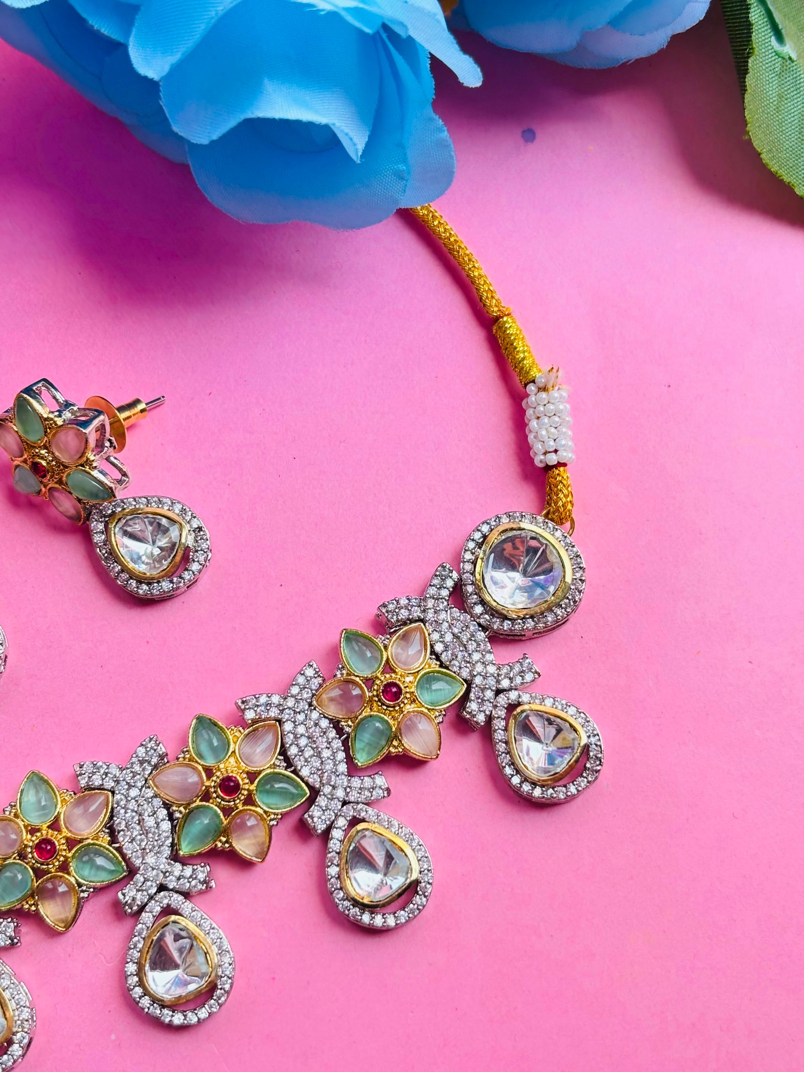 American Diamond Multicolor Floral Necklace Set For Women - Image 6