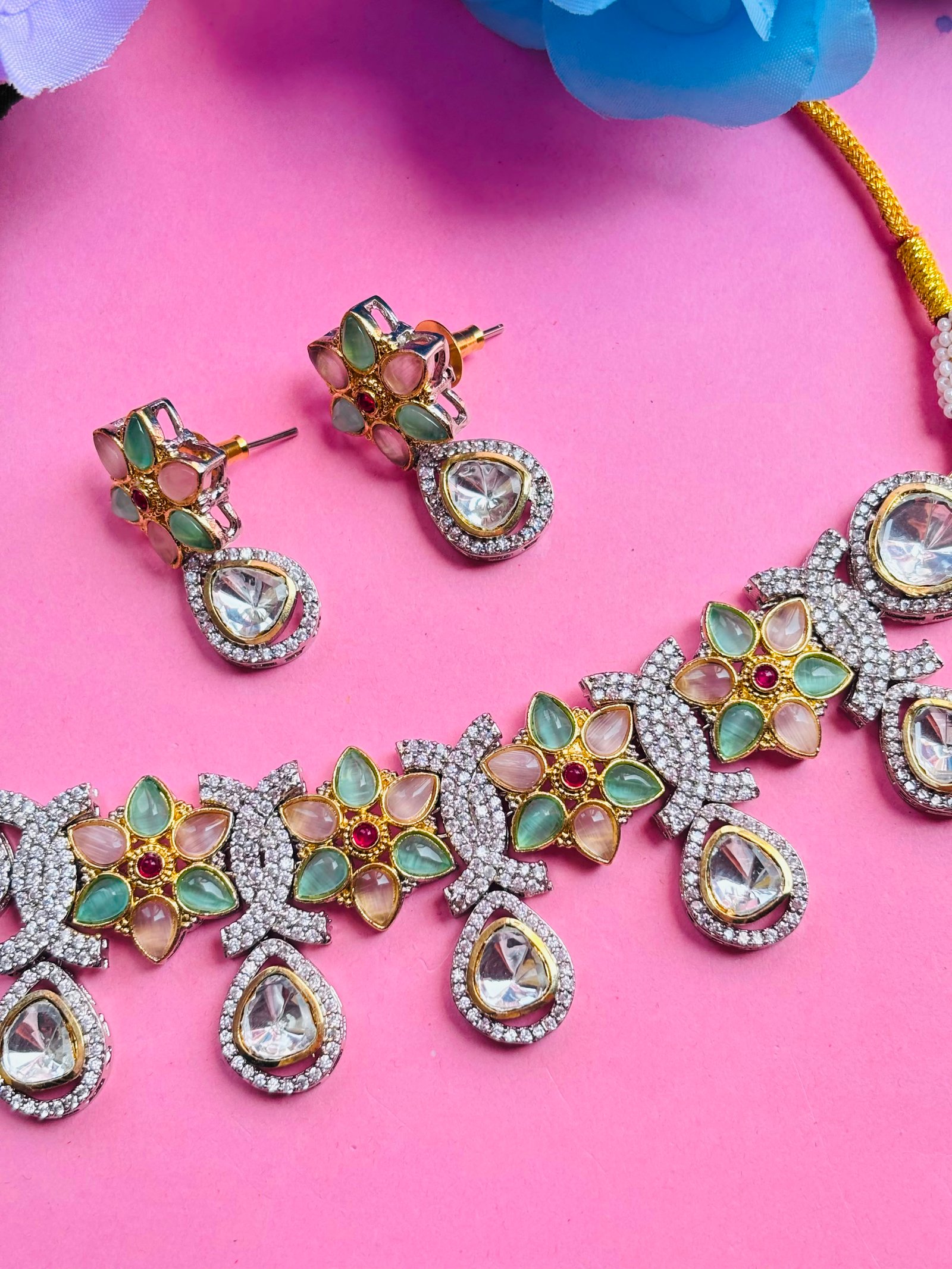 American Diamond Multicolor Floral Necklace Set For Women - Image 4