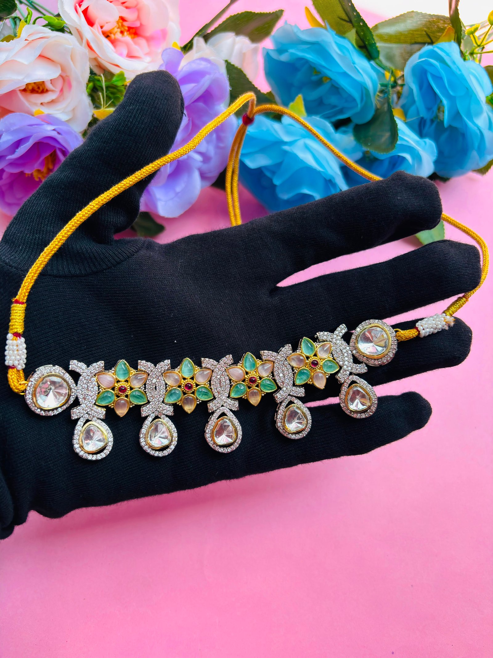 American Diamond Multicolor Floral Necklace Set For Women - Image 3
