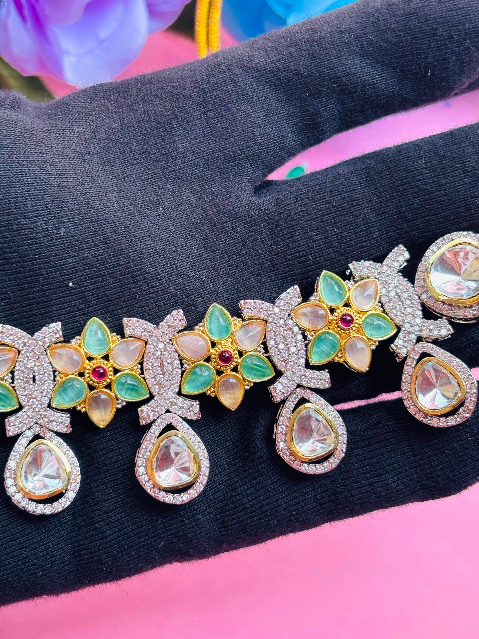 American Diamond Multicolor Floral Necklace Set For Women - Image 5
