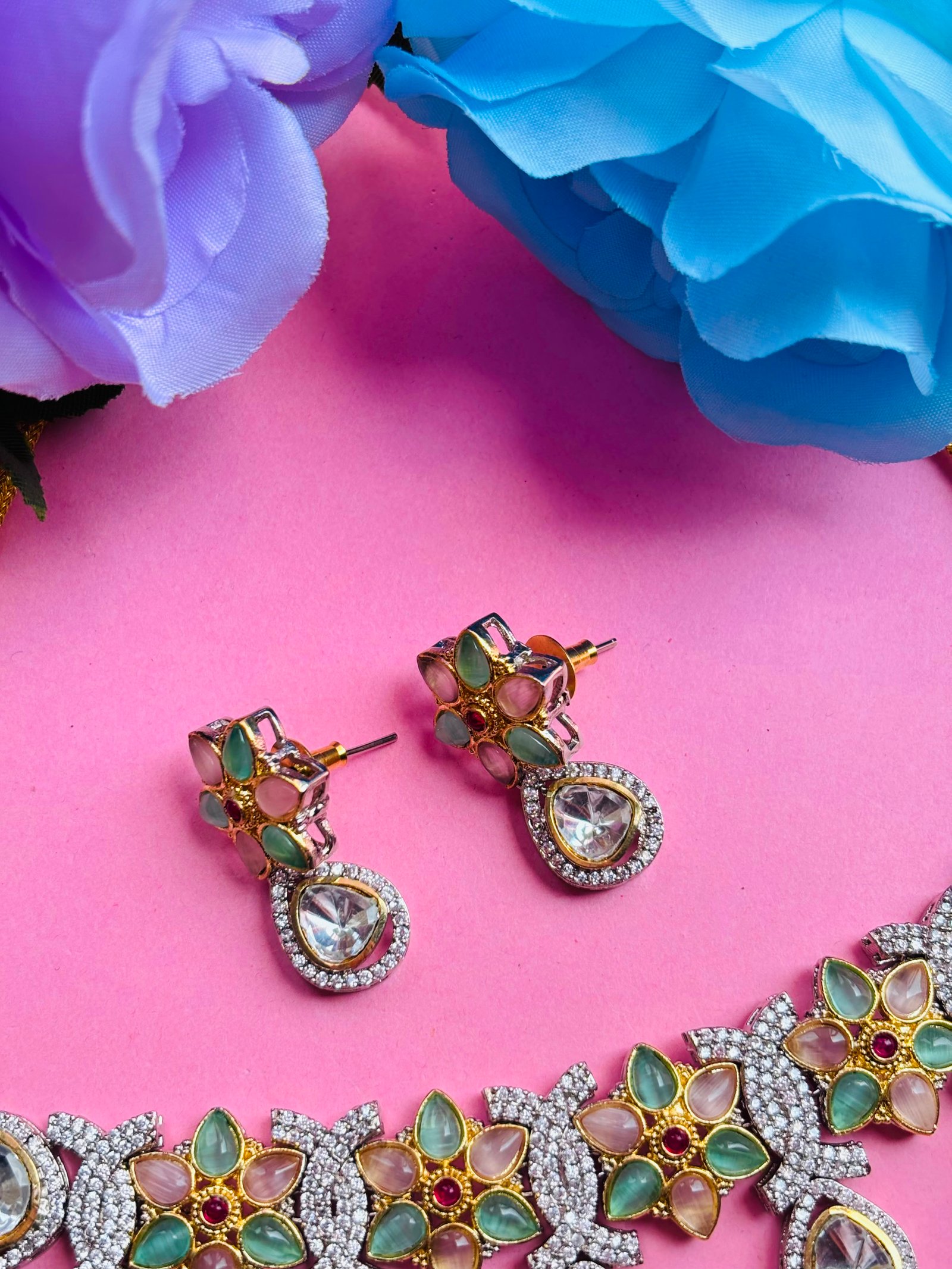 American Diamond Multicolor Floral Necklace Set For Women - Image 7