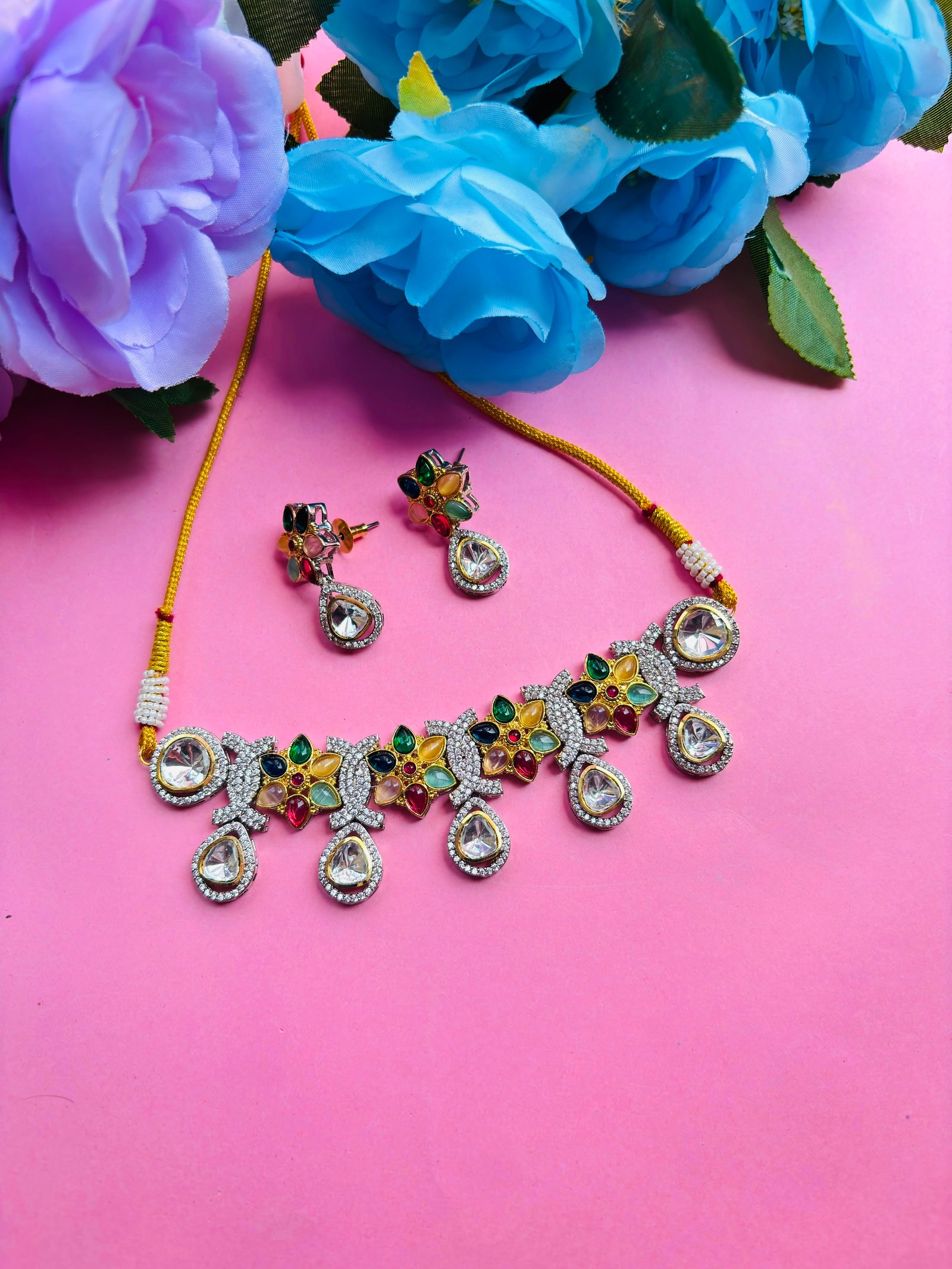 American Diamond Multicolor Floral Necklace Set For Women - Image 2