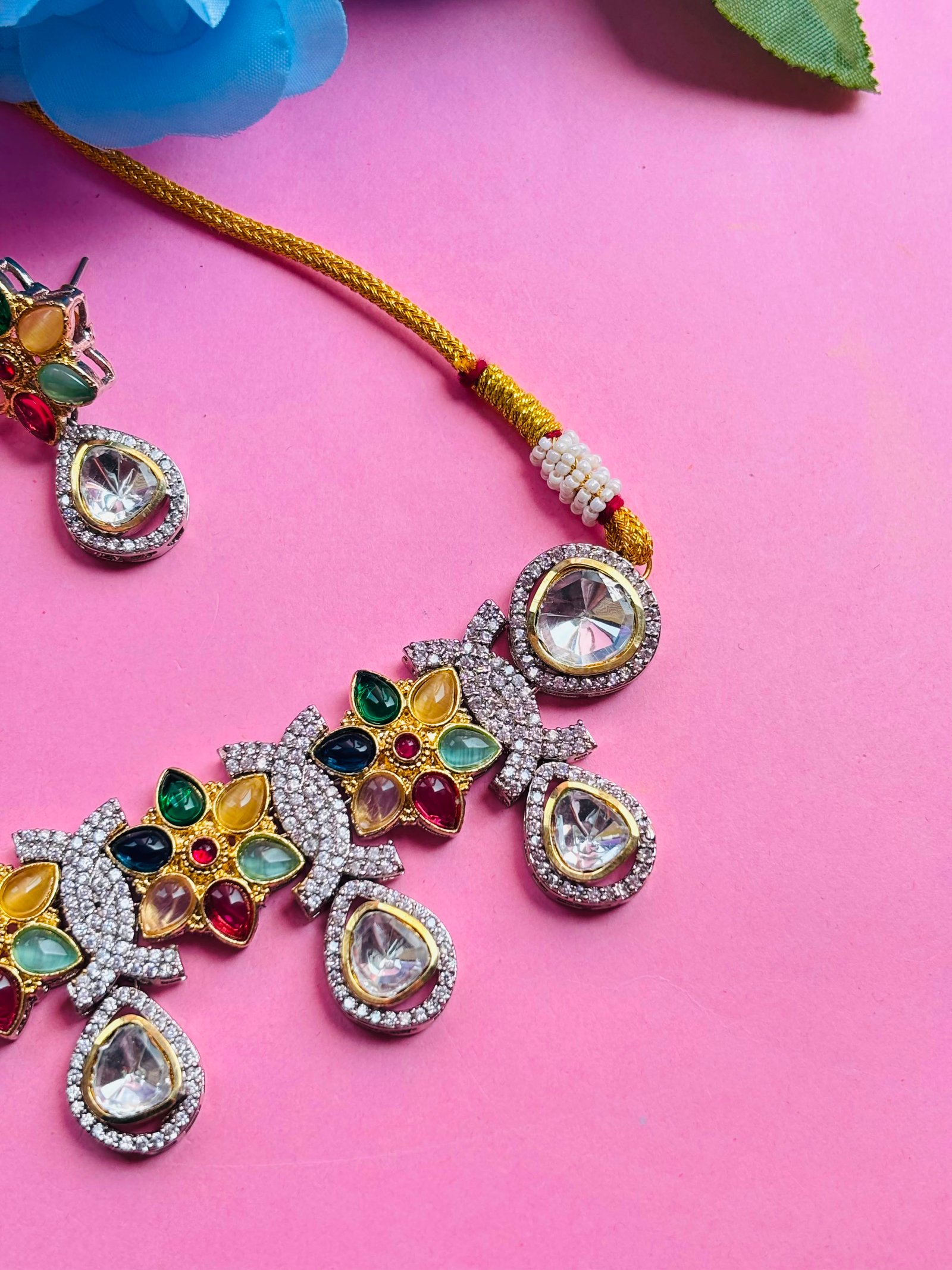 American Diamond Multicolor Floral Necklace Set For Women - Image 5