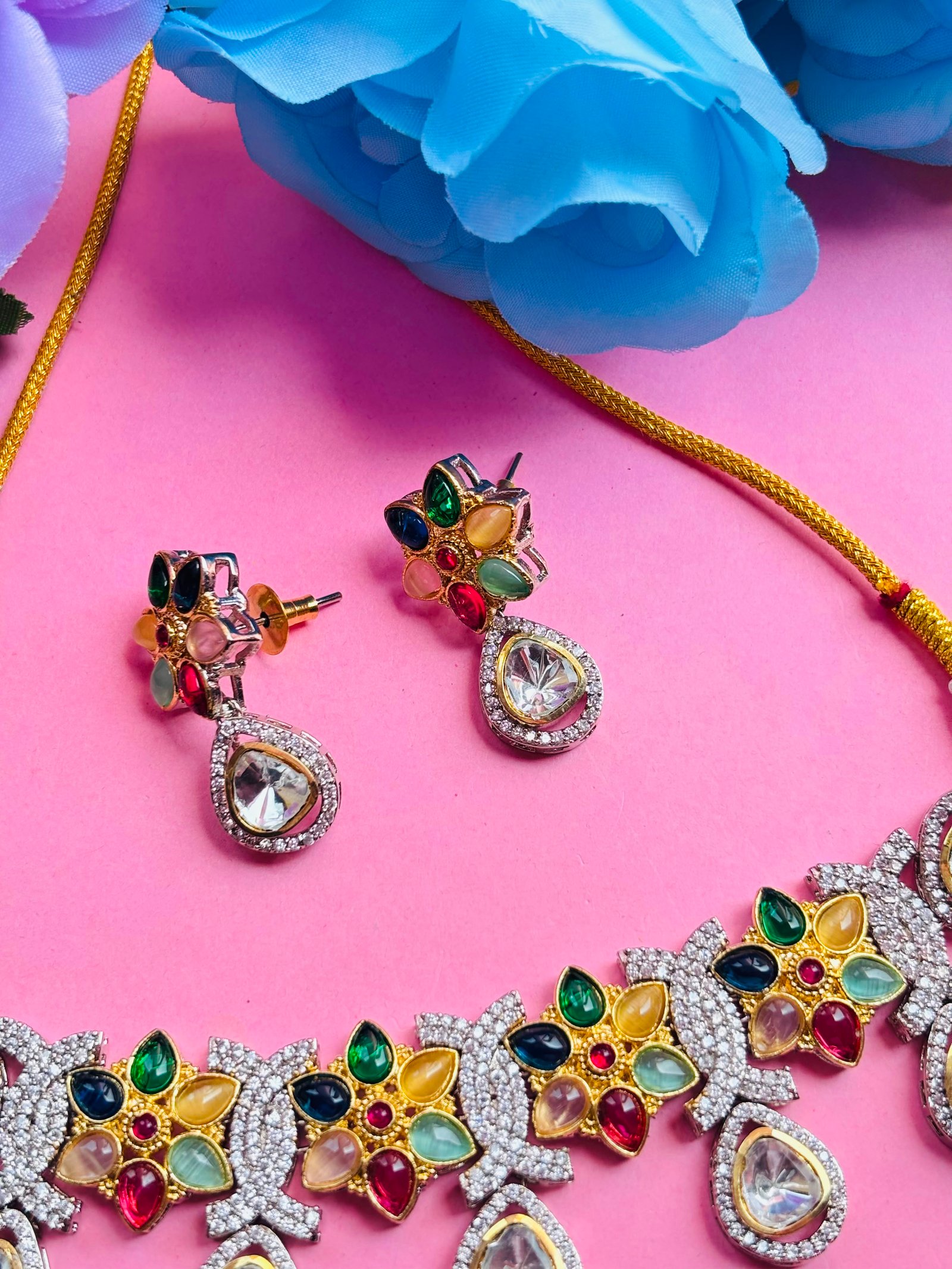 American Diamond Multicolor Floral Necklace Set For Women - Image 4