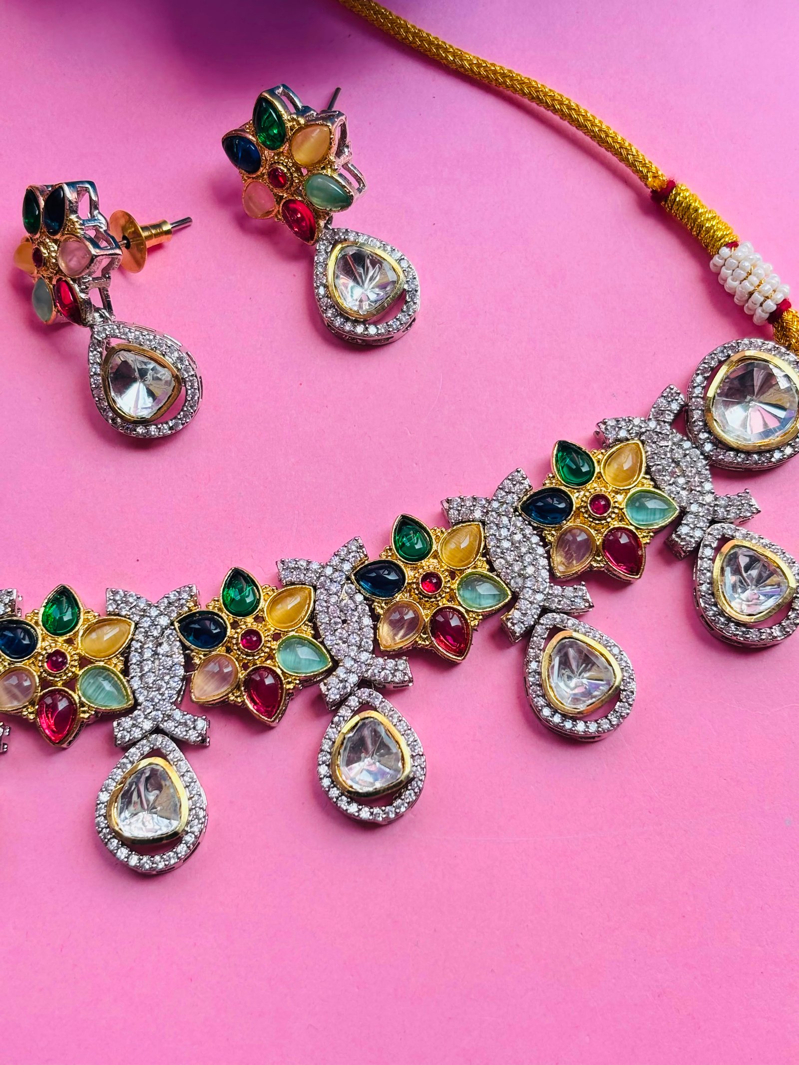 American Diamond Multicolor Floral Necklace Set For Women - Image 3
