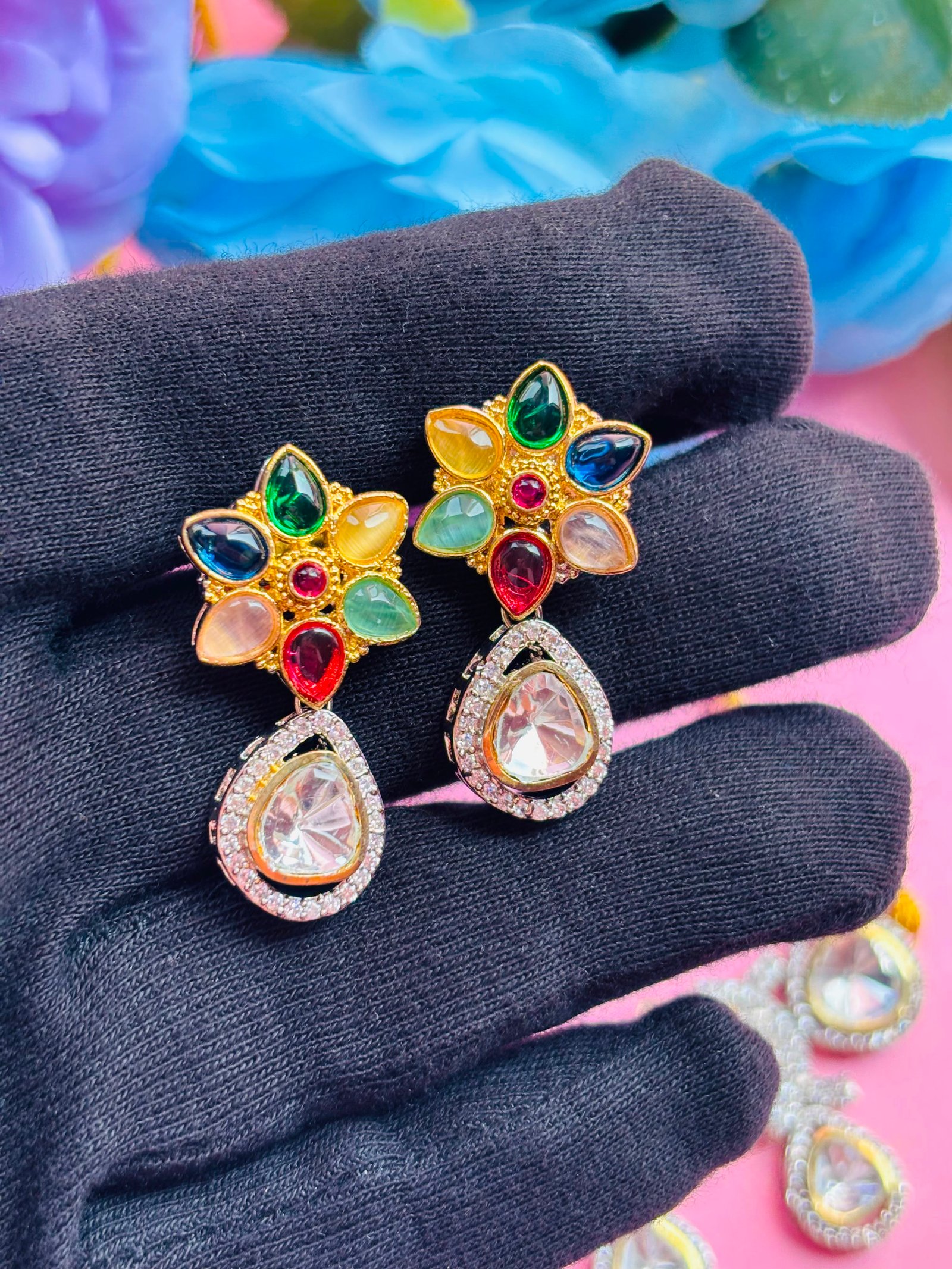 American Diamond Multicolor Floral Necklace Set For Women - Image 7