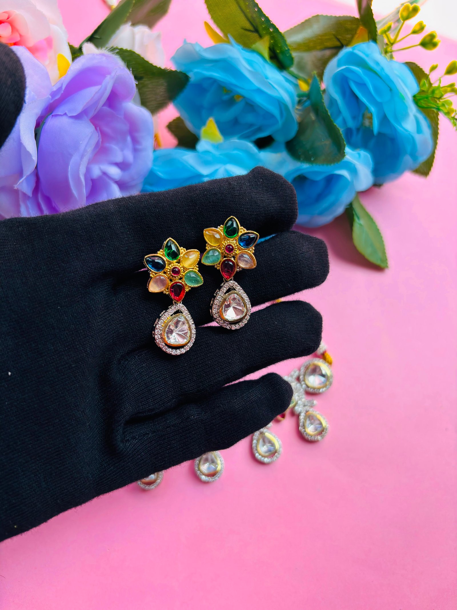 American Diamond Multicolor Floral Necklace Set For Women - Image 6