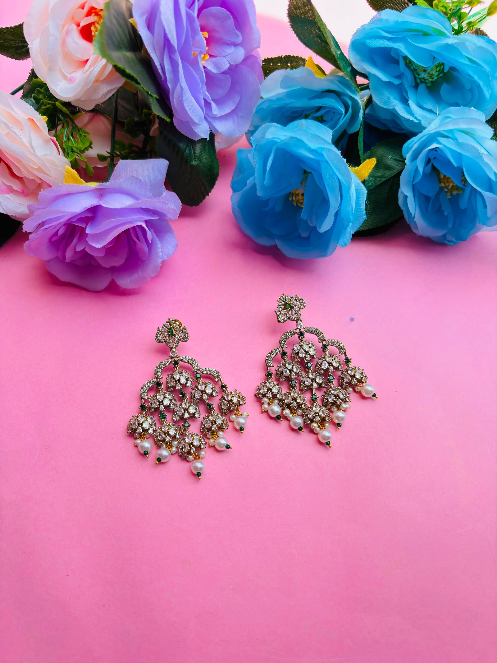 Gold Plated CZ Multi-Jhumki Chandbali Earrings with Pearl Drops for Women, Bridal Wear - Image 2