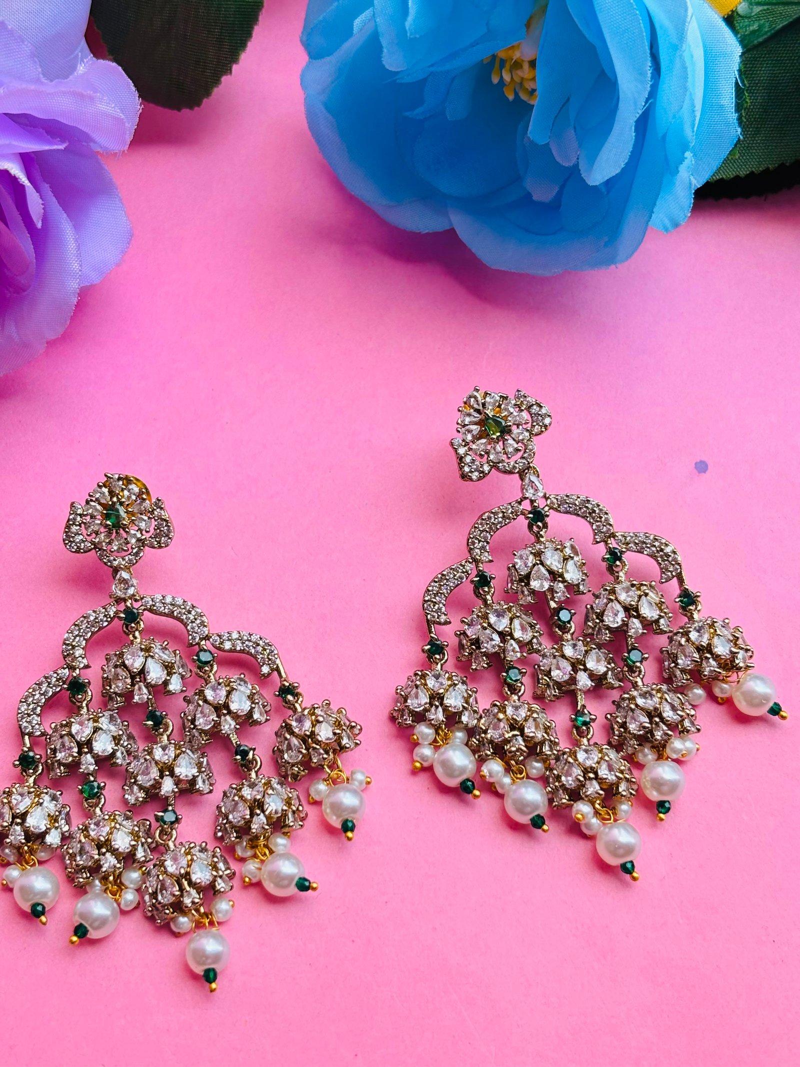 Gold Plated CZ Multi-Jhumki Chandbali Earrings with Pearl Drops for Women, Bridal Wear - Image 4