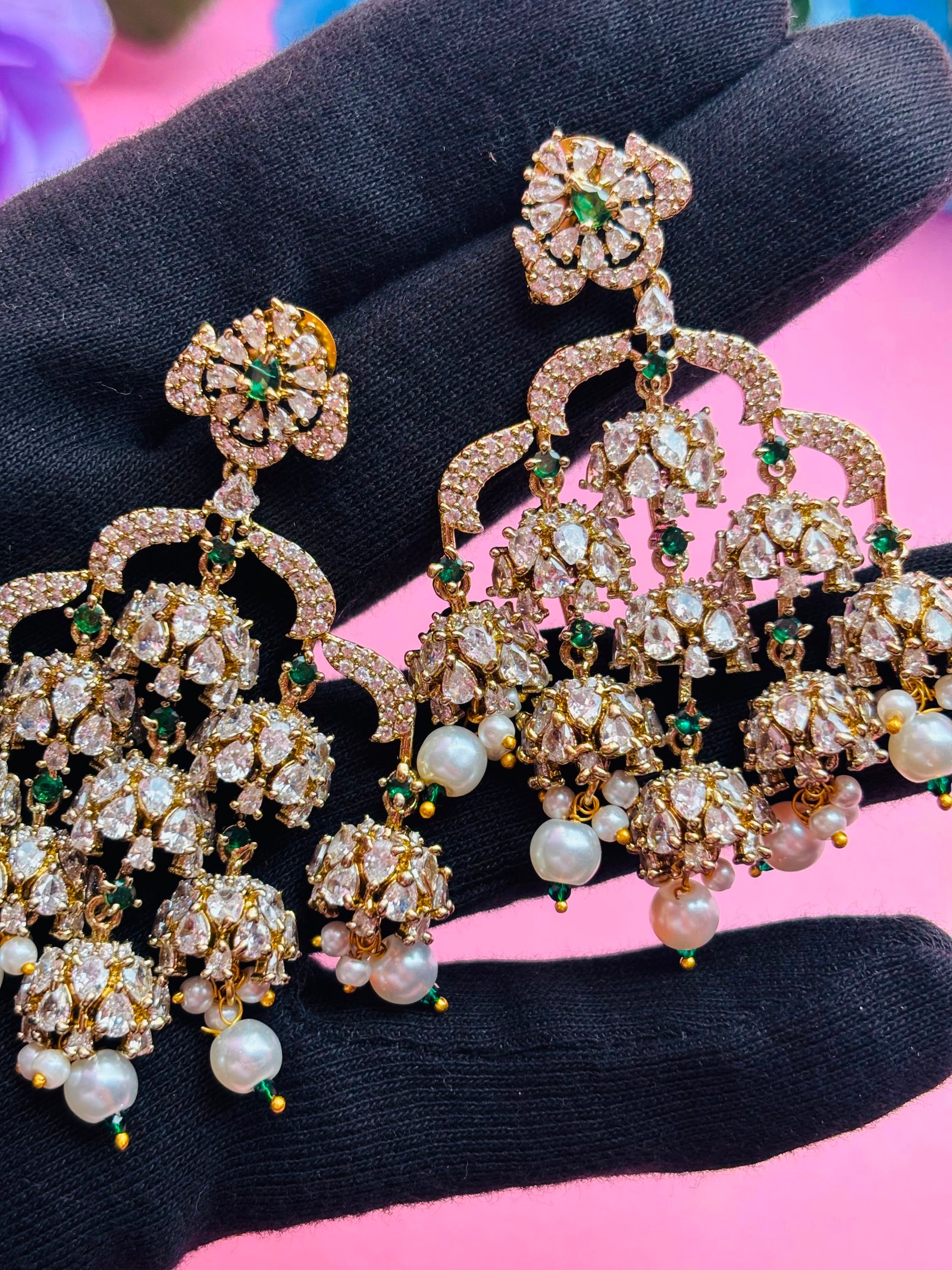 Gold Plated CZ Multi-Jhumki Chandbali Earrings with Pearl Drops for Women, Bridal Wear - Image 5