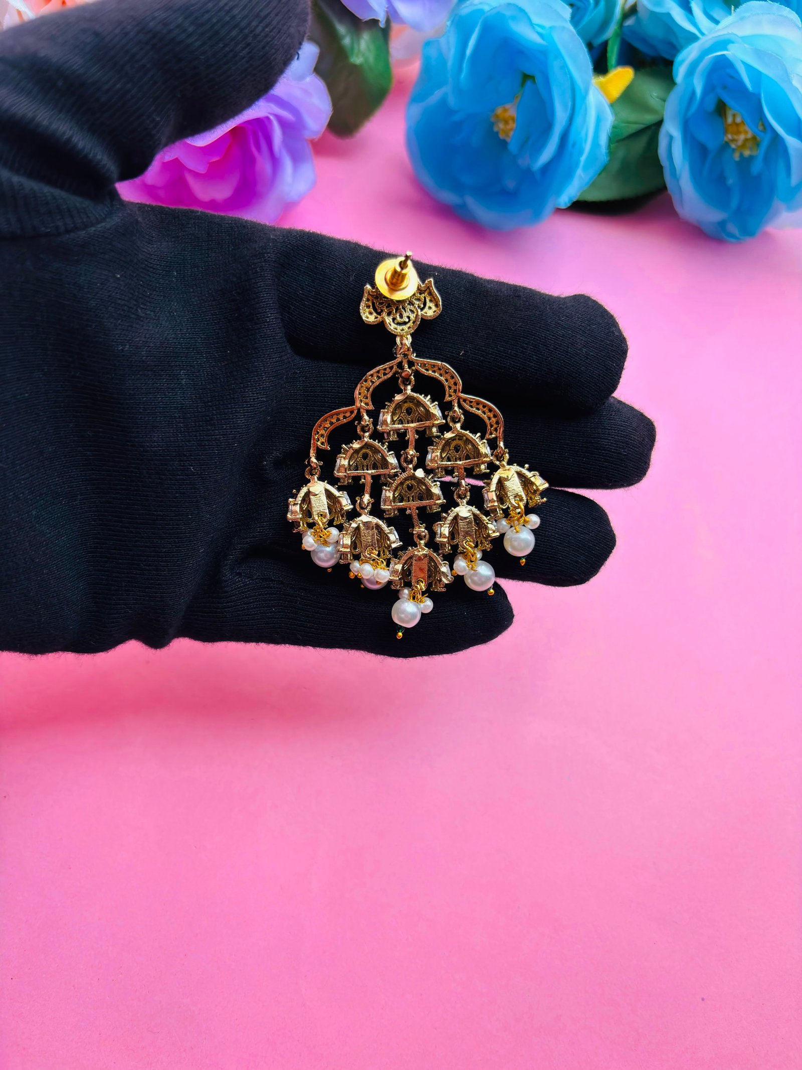 Gold Plated CZ Multi-Jhumki Chandbali Earrings with Pearl Drops for Women, Bridal Wear - Image 7