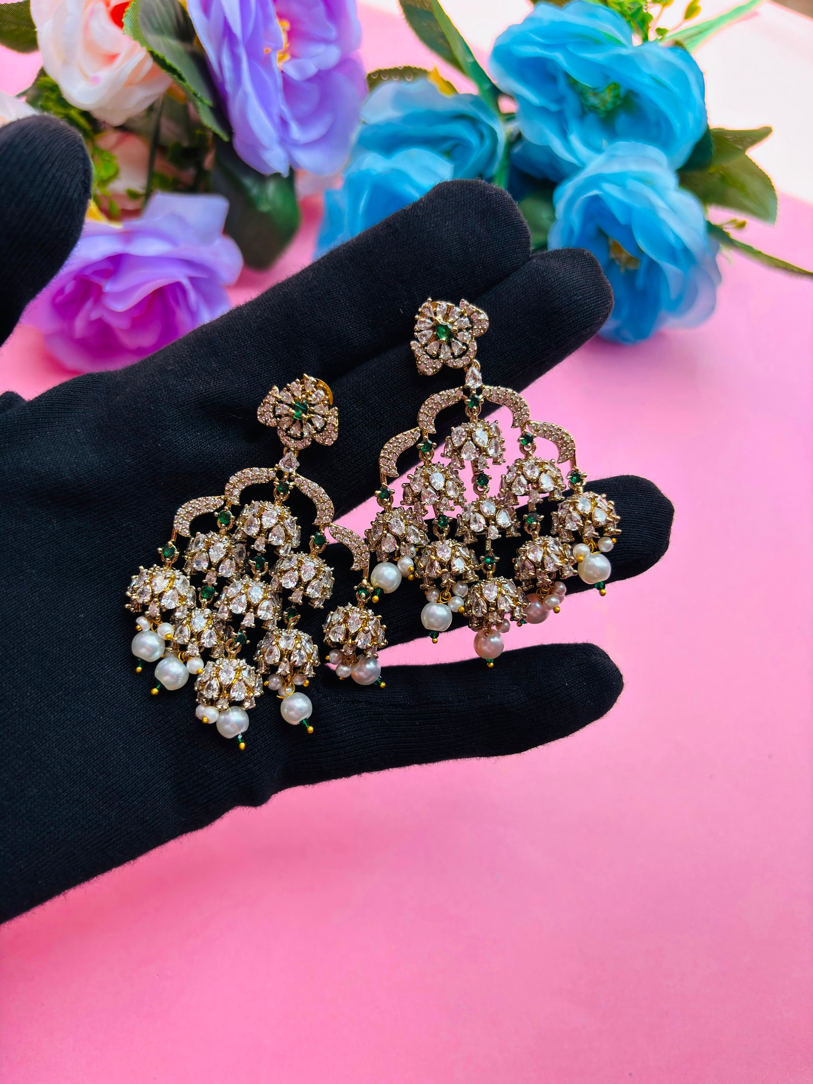 Gold Plated CZ Multi-Jhumki Chandbali Earrings with Pearl Drops for Women, Bridal Wear - Image 3