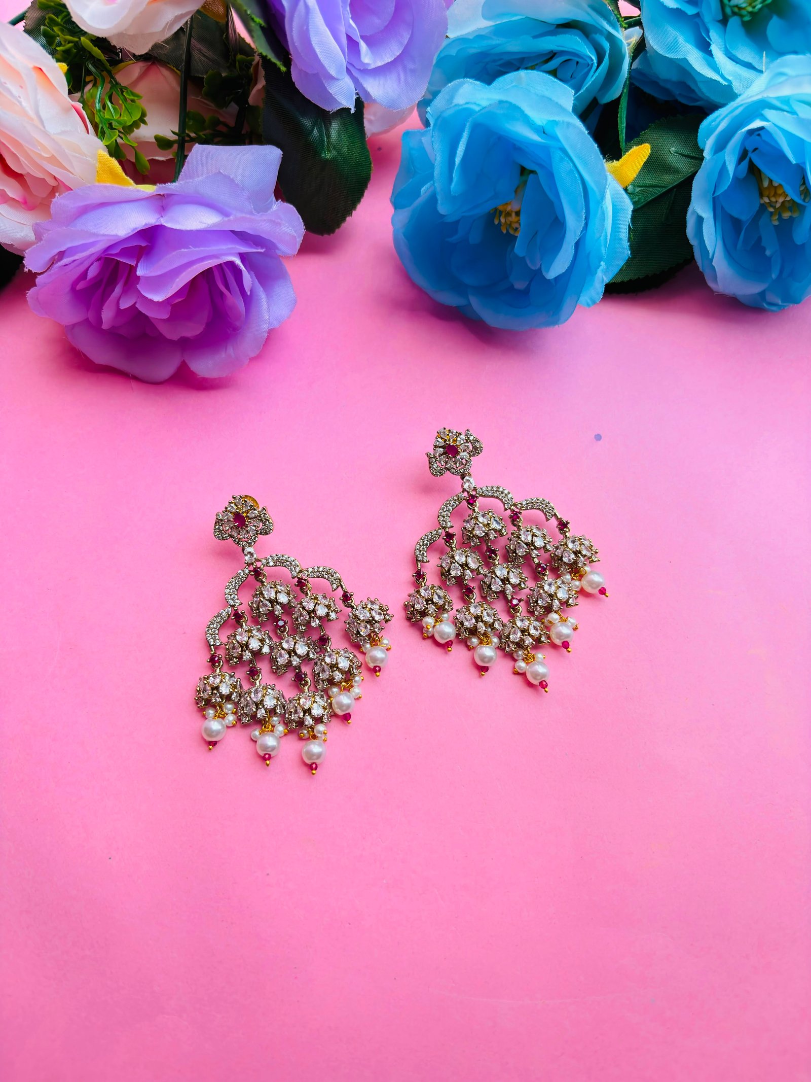 Gold Plated CZ Multi-Jhumki Chandbali Earrings with Pearl Drops for Women, Bridal Wear - Image 2
