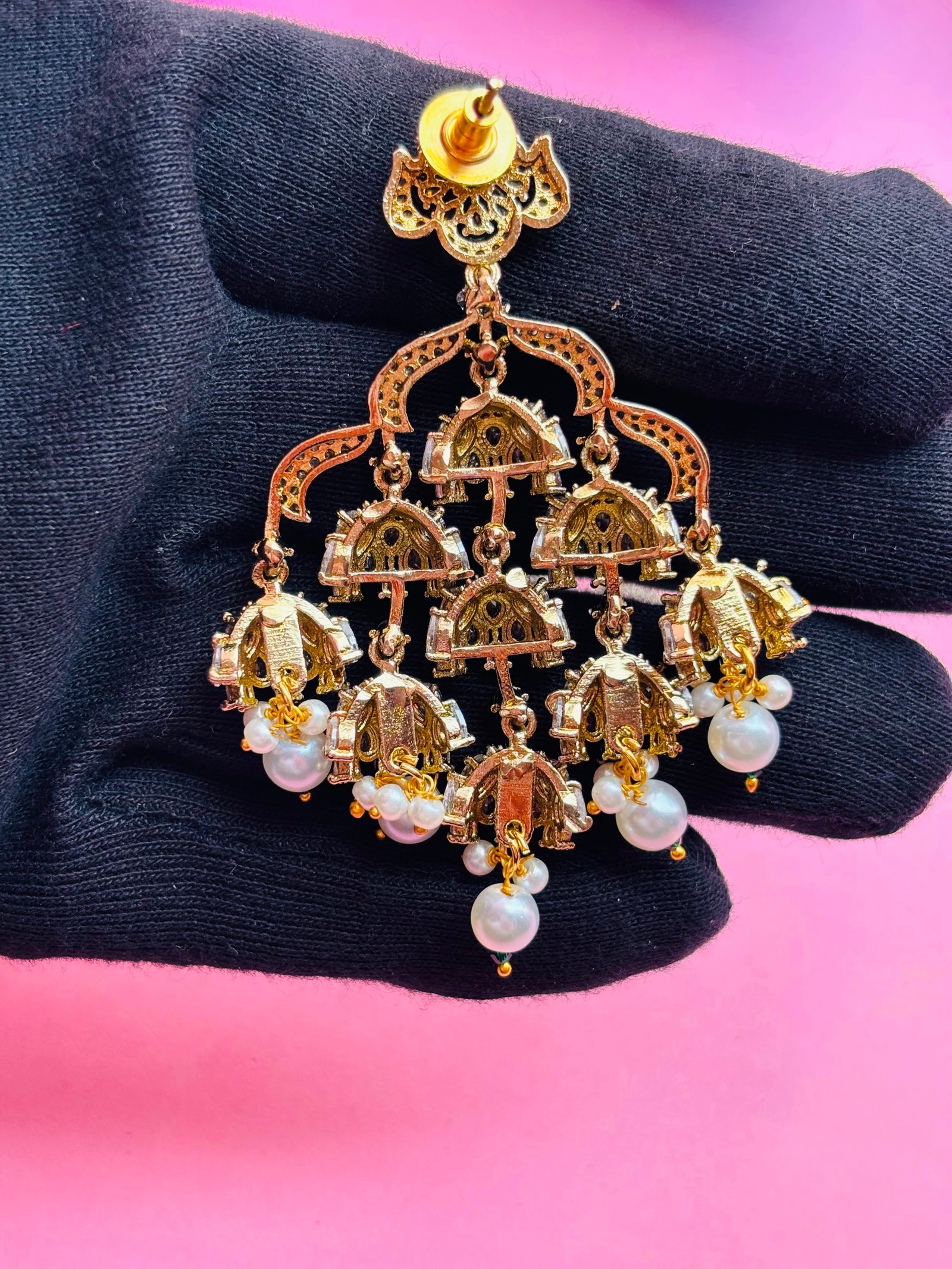 Gold Plated CZ Multi-Jhumki Chandbali Earrings with Pearl Drops for Women, Bridal Wear - Image 6