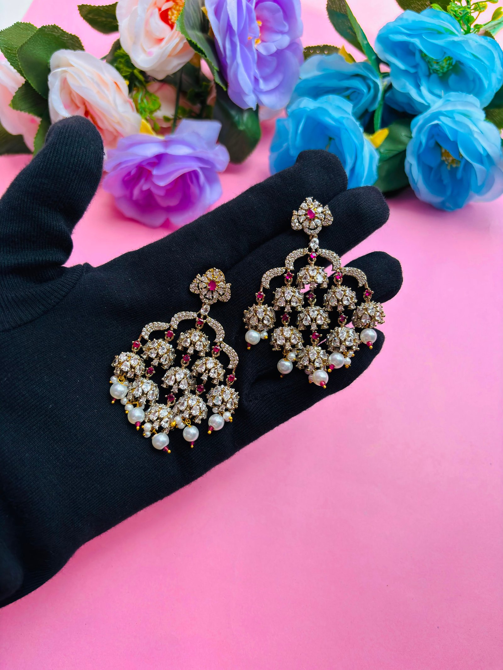 Gold Plated CZ Multi-Jhumki Chandbali Earrings with Pearl Drops for Women, Bridal Wear - Image 3