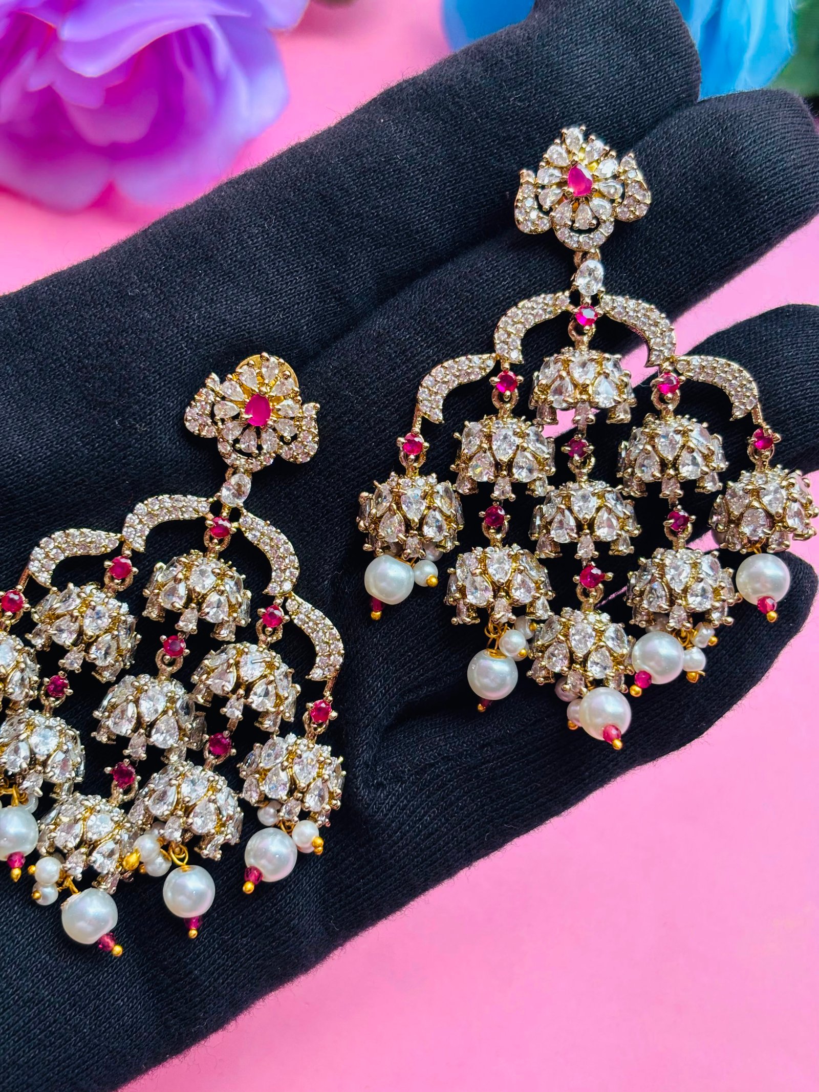 Gold Plated CZ Multi-Jhumki Chandbali Earrings with Pearl Drops for Women, Bridal Wear - Image 5