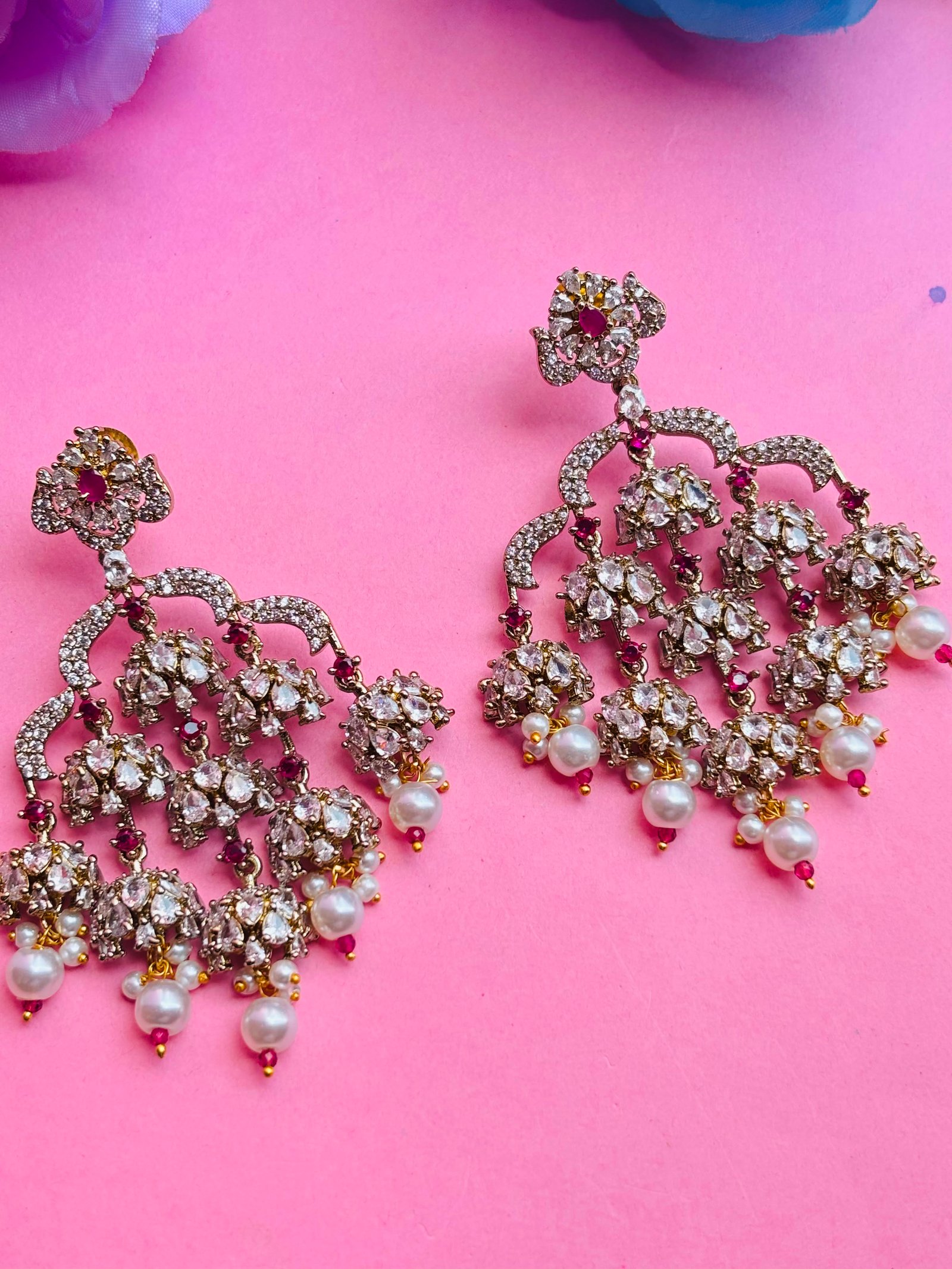 Gold Plated CZ Multi-Jhumki Chandbali Earrings with Pearl Drops for Women, Bridal Wear - Image 4