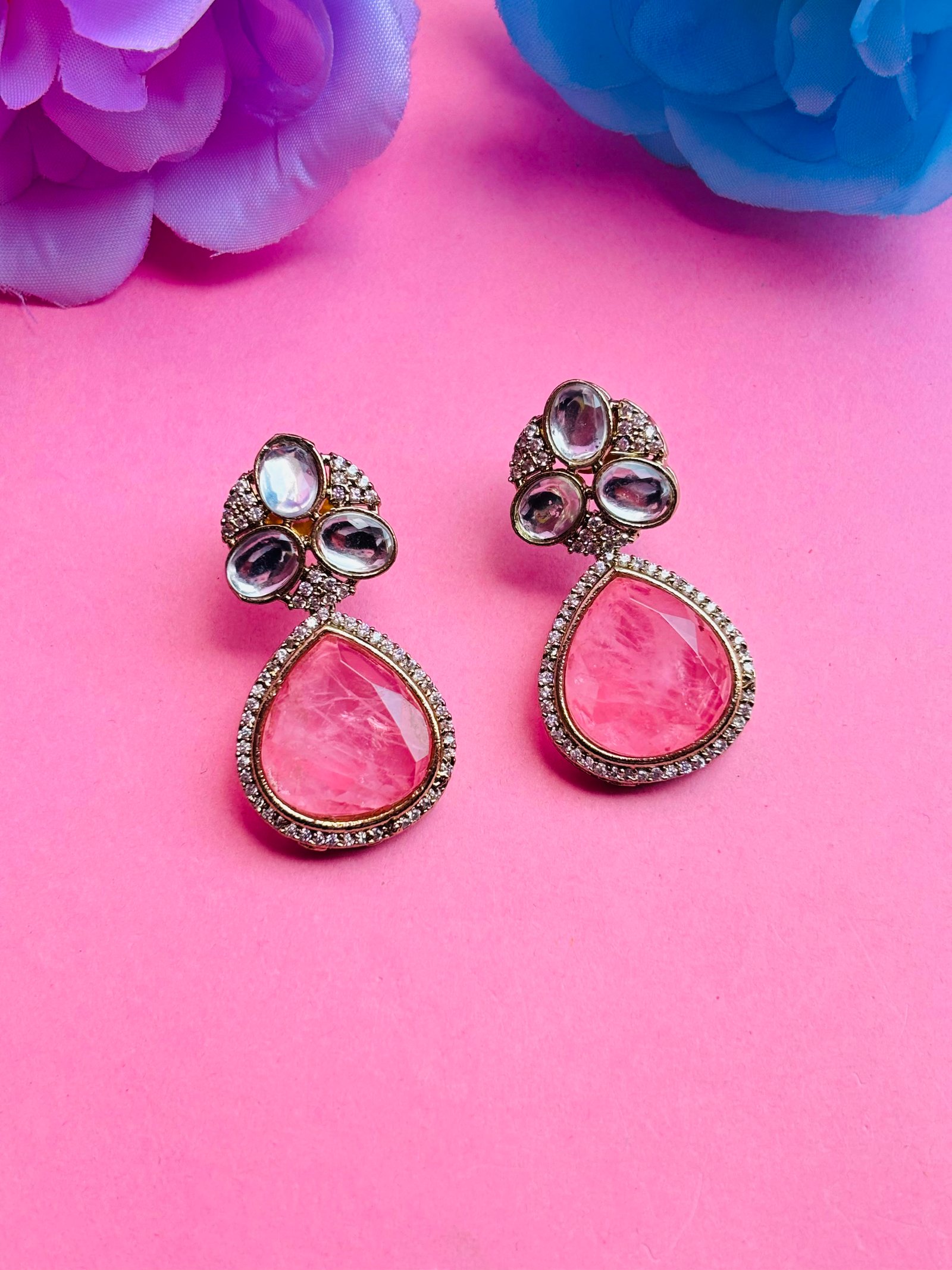Kundan Drop Earrings With Pink Stone For Women - Image 4