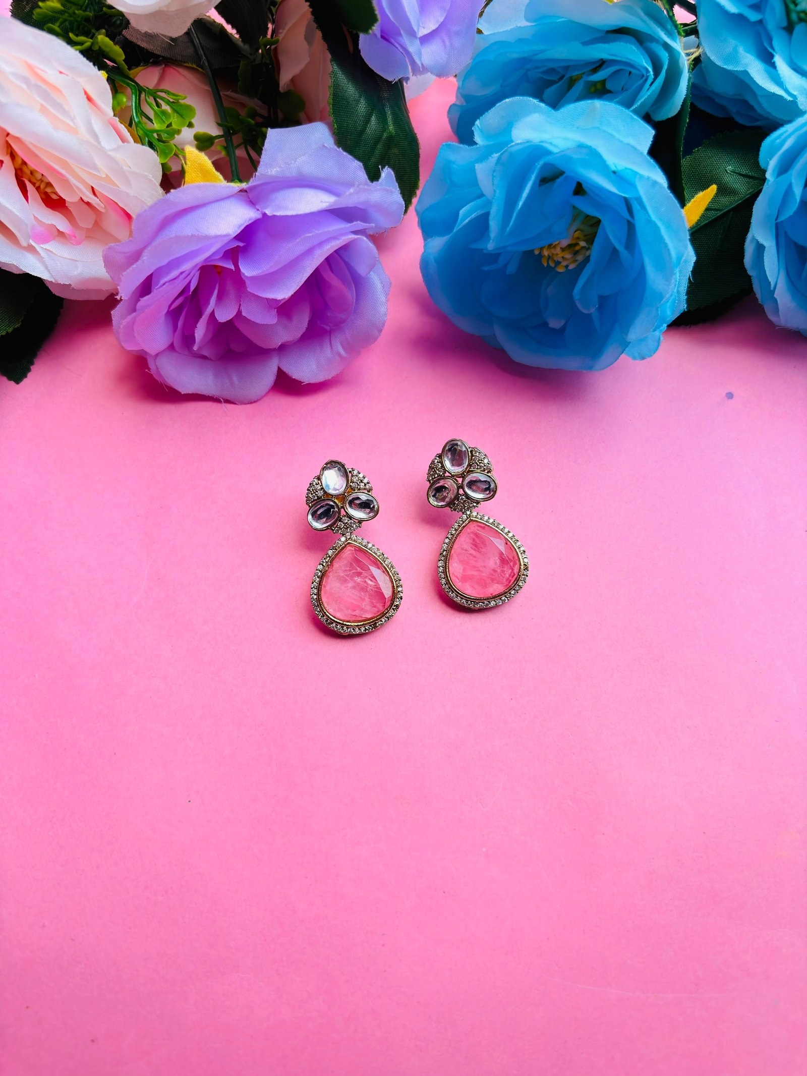 Kundan Drop Earrings With Pink Stone For Women - Image 2