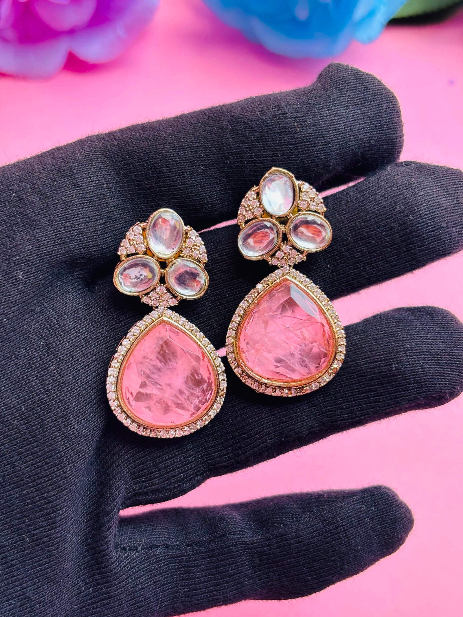 Kundan Drop Earrings With Pink Stone For Women - Image 5