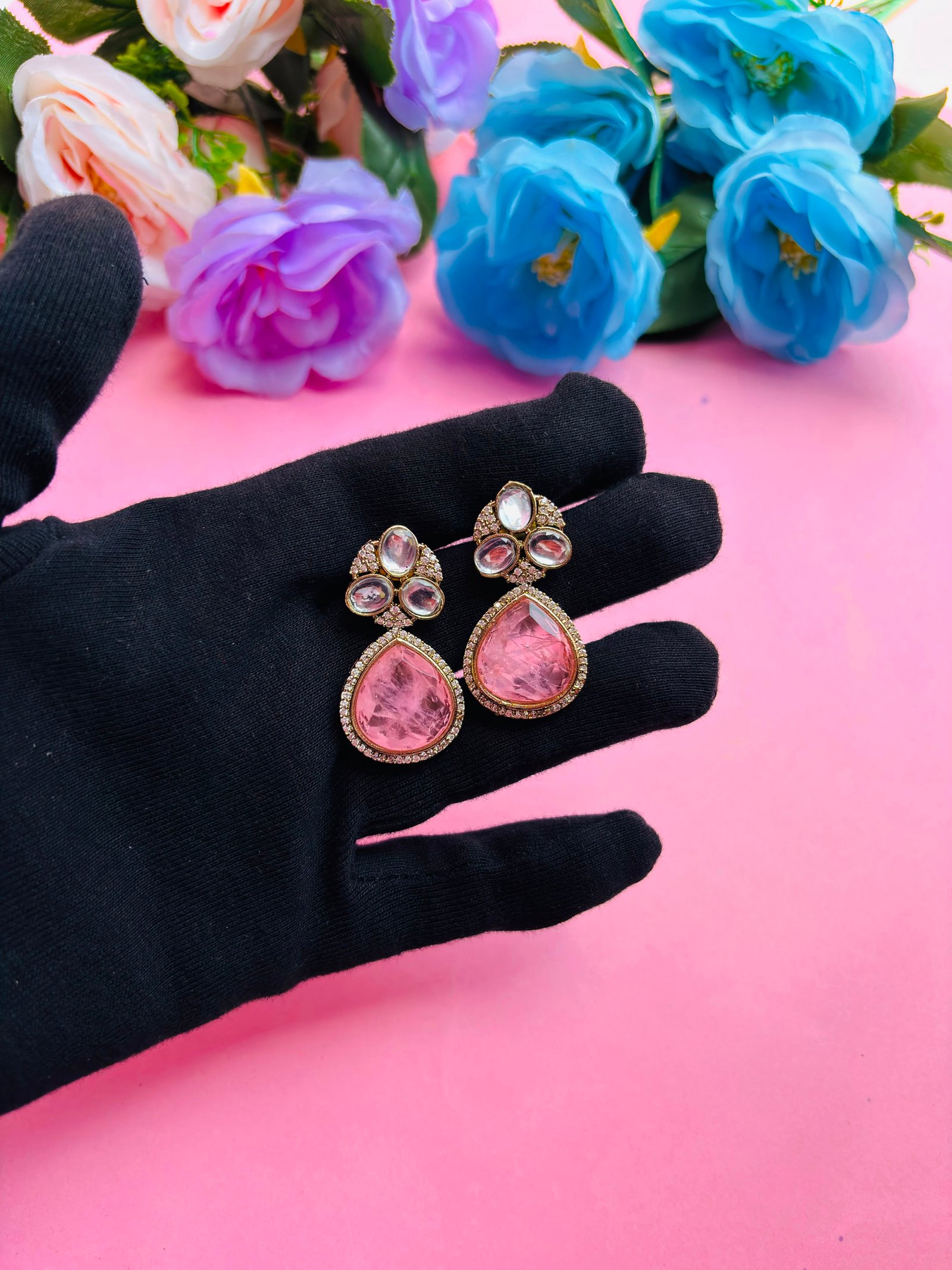 Kundan Drop Earrings With Pink Stone For Women - Image 3