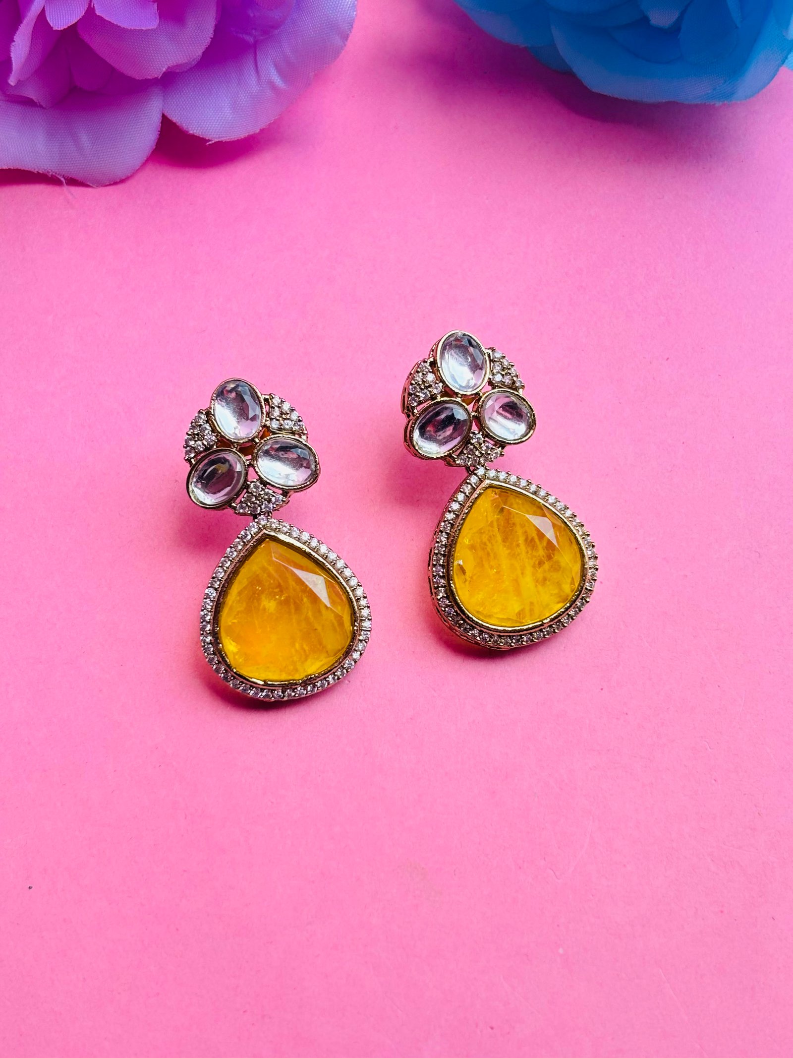 Kundan Drop Earrings With Yellow Stone For Women - Image 4