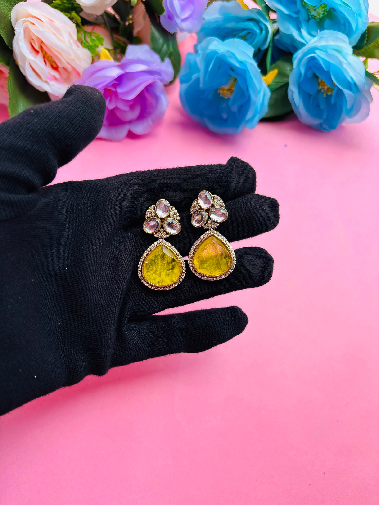 Kundan Drop Earrings With Yellow Stone For Women - Image 3