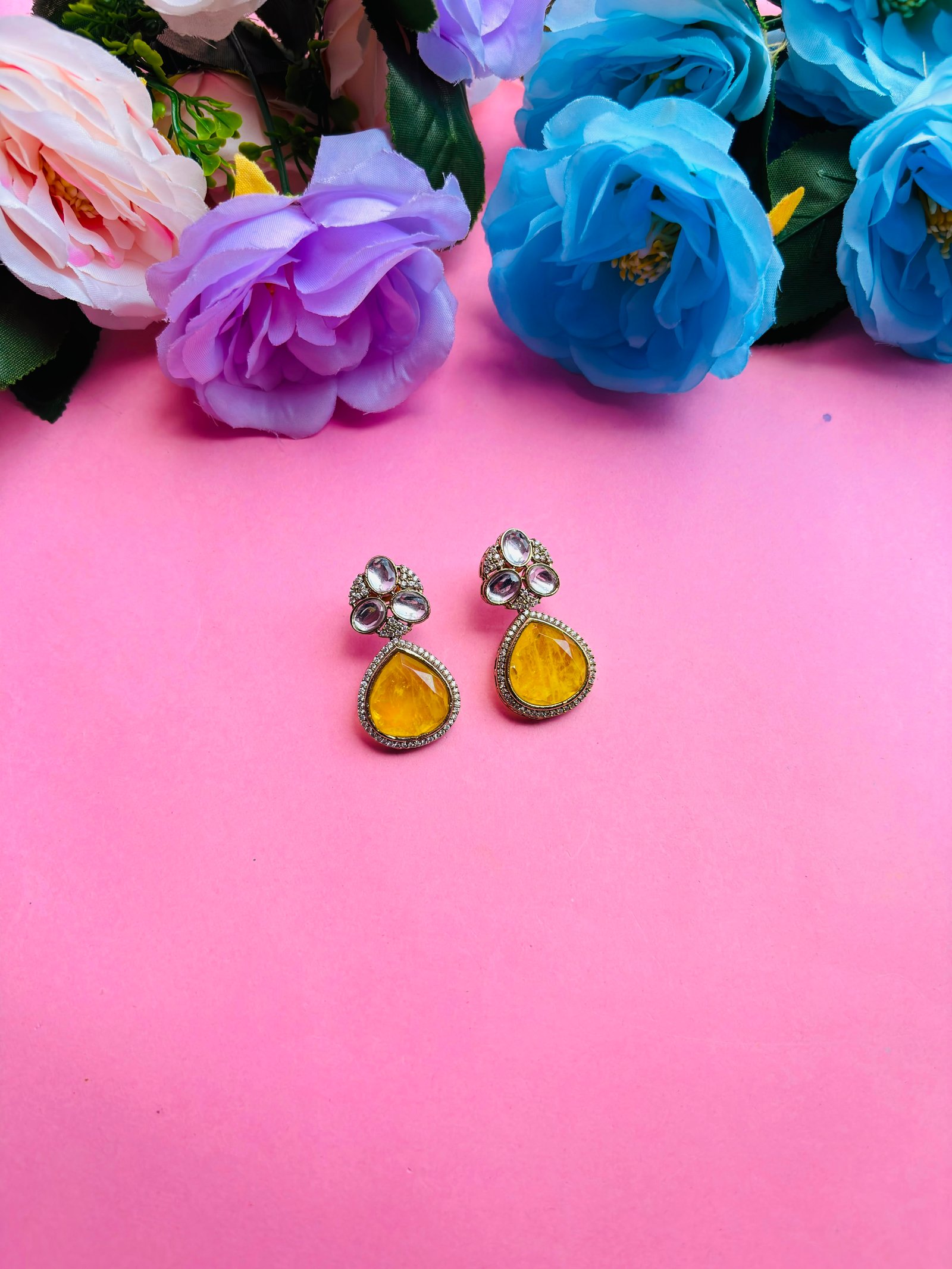 Kundan Drop Earrings With Yellow Stone For Women - Image 2