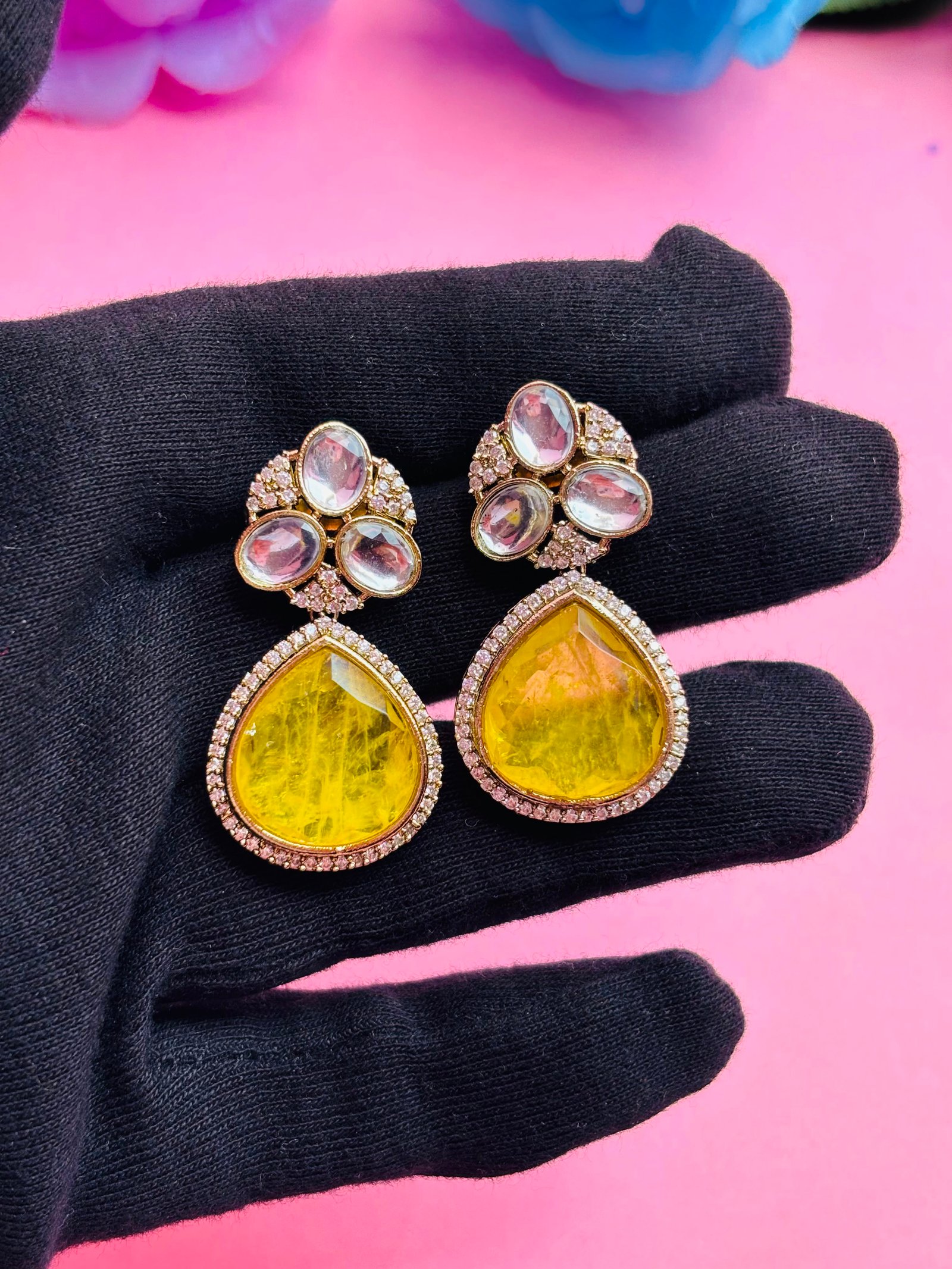 Kundan Drop Earrings With Yellow Stone For Women - Image 5