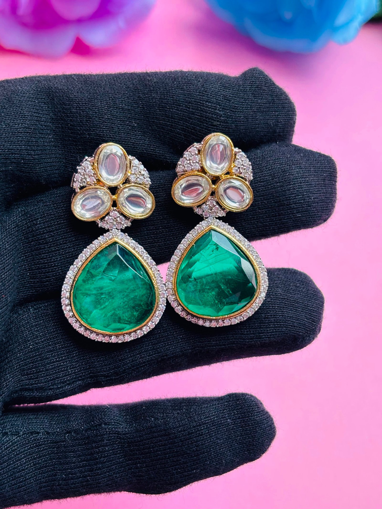 Kundan Drop Earrings With Green Stone For Women - Image 5