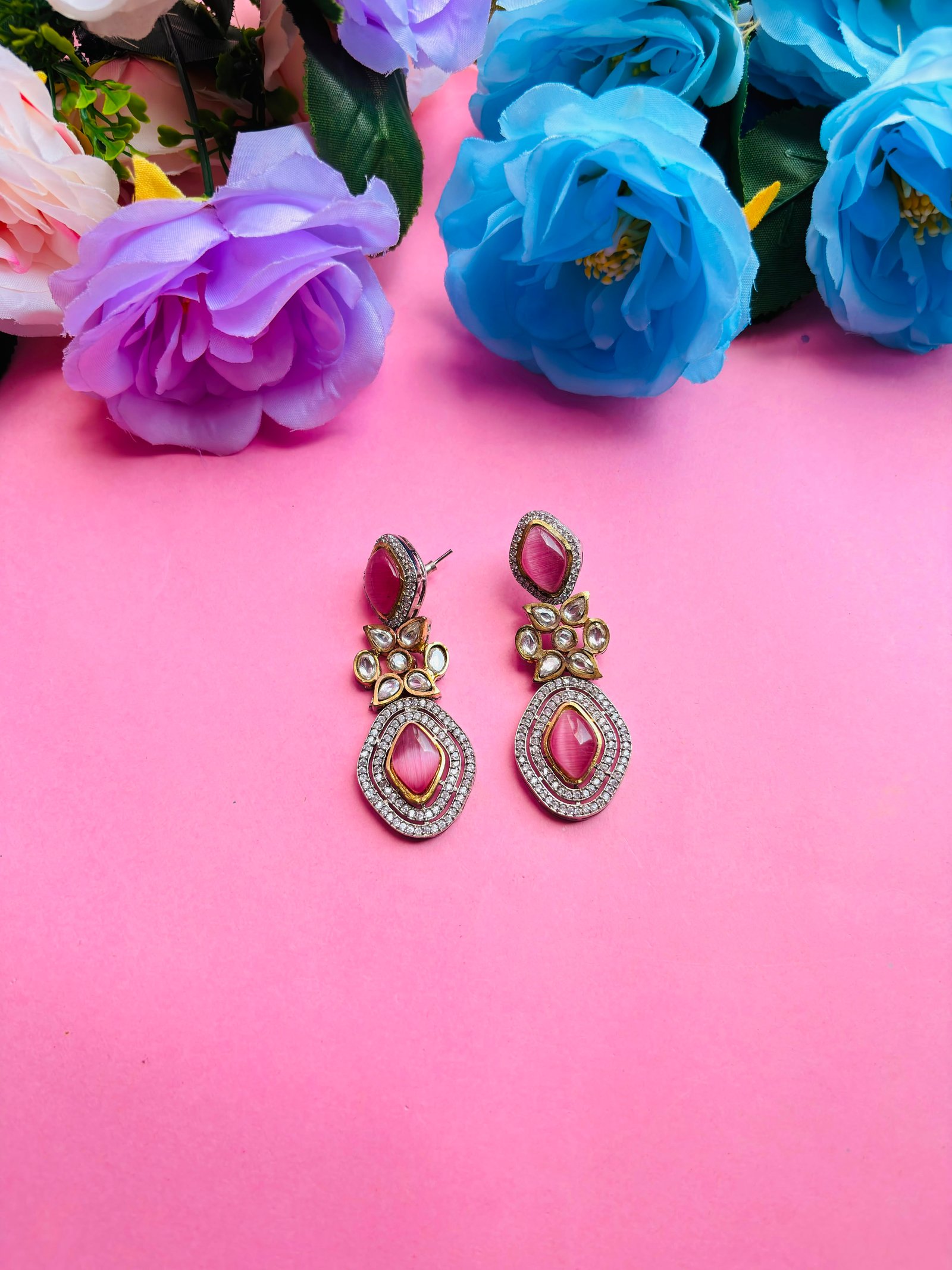 Kundan Drop Earrings With Pink Stone For Women - Image 2