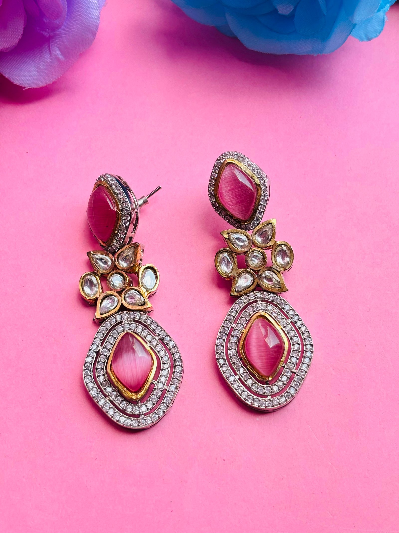 Kundan Drop Earrings With Pink Stone For Women - Image 4