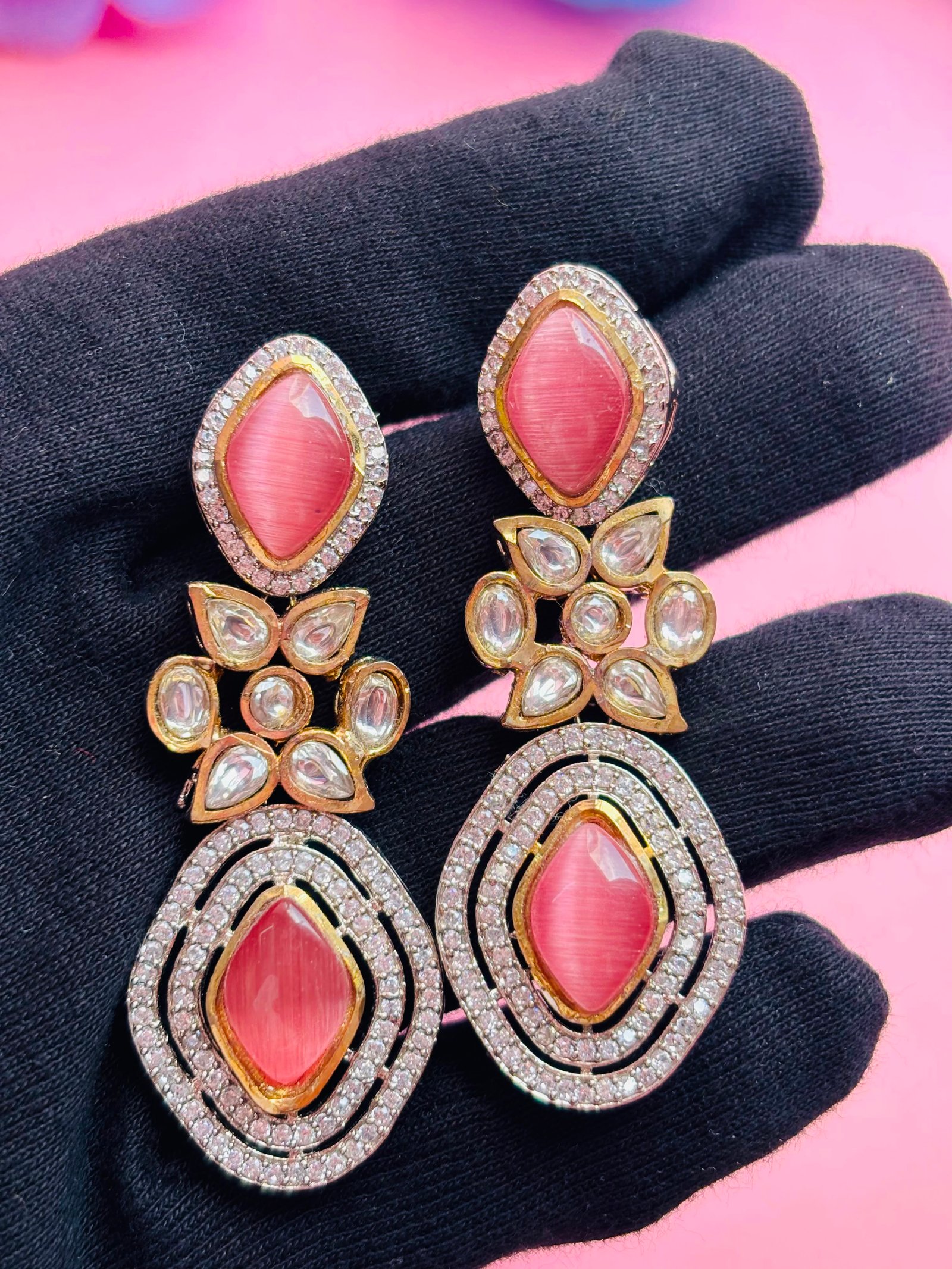 Kundan Drop Earrings With Pink Stone For Women - Image 5