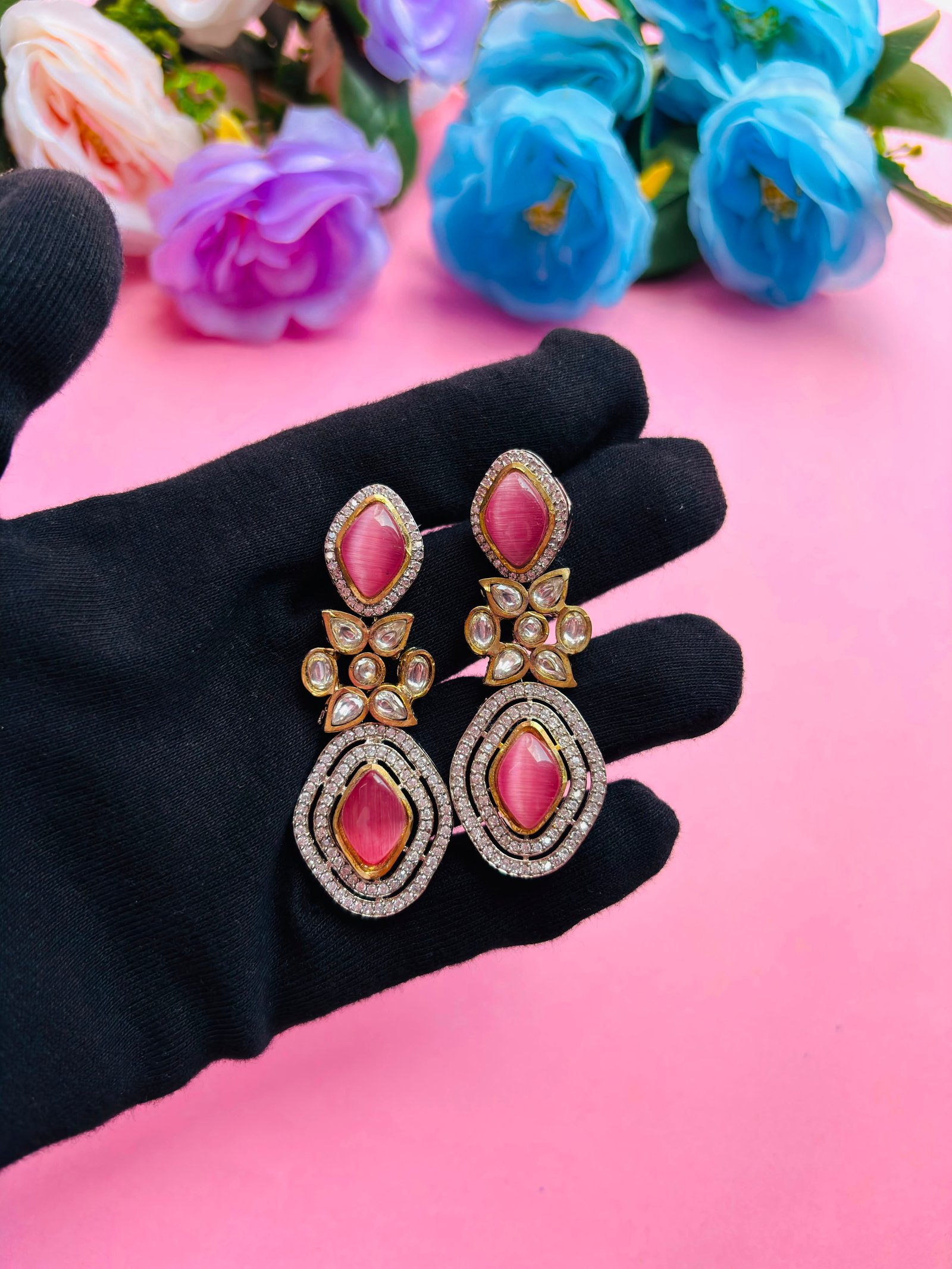 Kundan Drop Earrings With Pink Stone For Women - Image 3